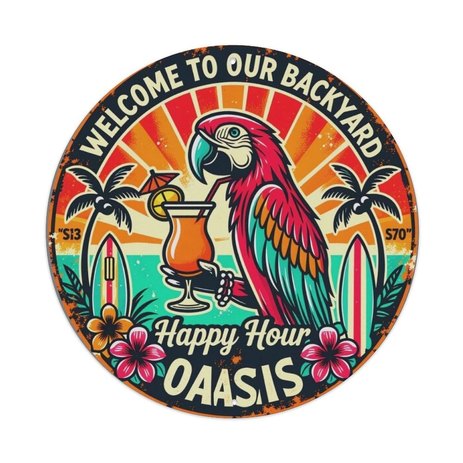 American Vintage Tropical Parrot Backyard Welcome Round Sign Vintage Aluminium Metal Sign, Retro Wall Decor for Home, Bar, Garage & Farmhouse 20x20cm