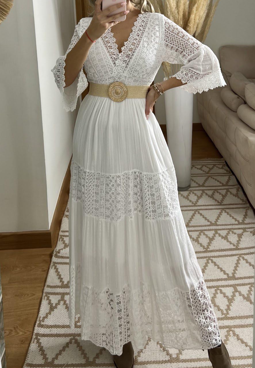 Vestido largo de encaje para mujer con cuello en V, mangas acampanadas 3/4, blanco, vestido bohemio de encaje, vestido bohemio