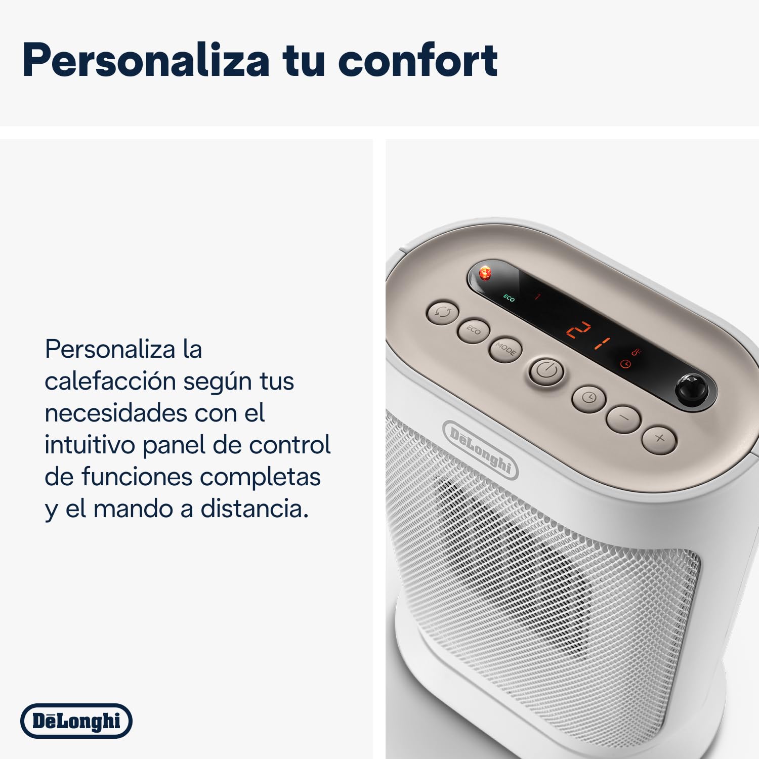 De'Longhi Capsule You&Me HFXR40T20.WB, Calefactor Quiet con Diseño Funcional, Temporizador 24h, Control Digital y Remoto, Termostato de Seguridad, 2 Niveles de Potencia, 2000W, Blanco/Beige