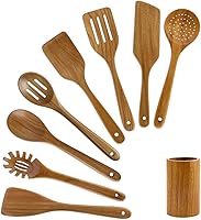 Vista 1 de Paquete de 9 Mejores Cucharas de Madera No Tóxicas Juego de Utensilios de Cocina con Soporte para Utensilios Espátula Ranurada Turner de Cocina