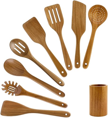 Mejor juego de espátulas de madera, espátula ranurada de cocina, utensilios de madera de teca para servir cocinar, juego de utensilios de cocina