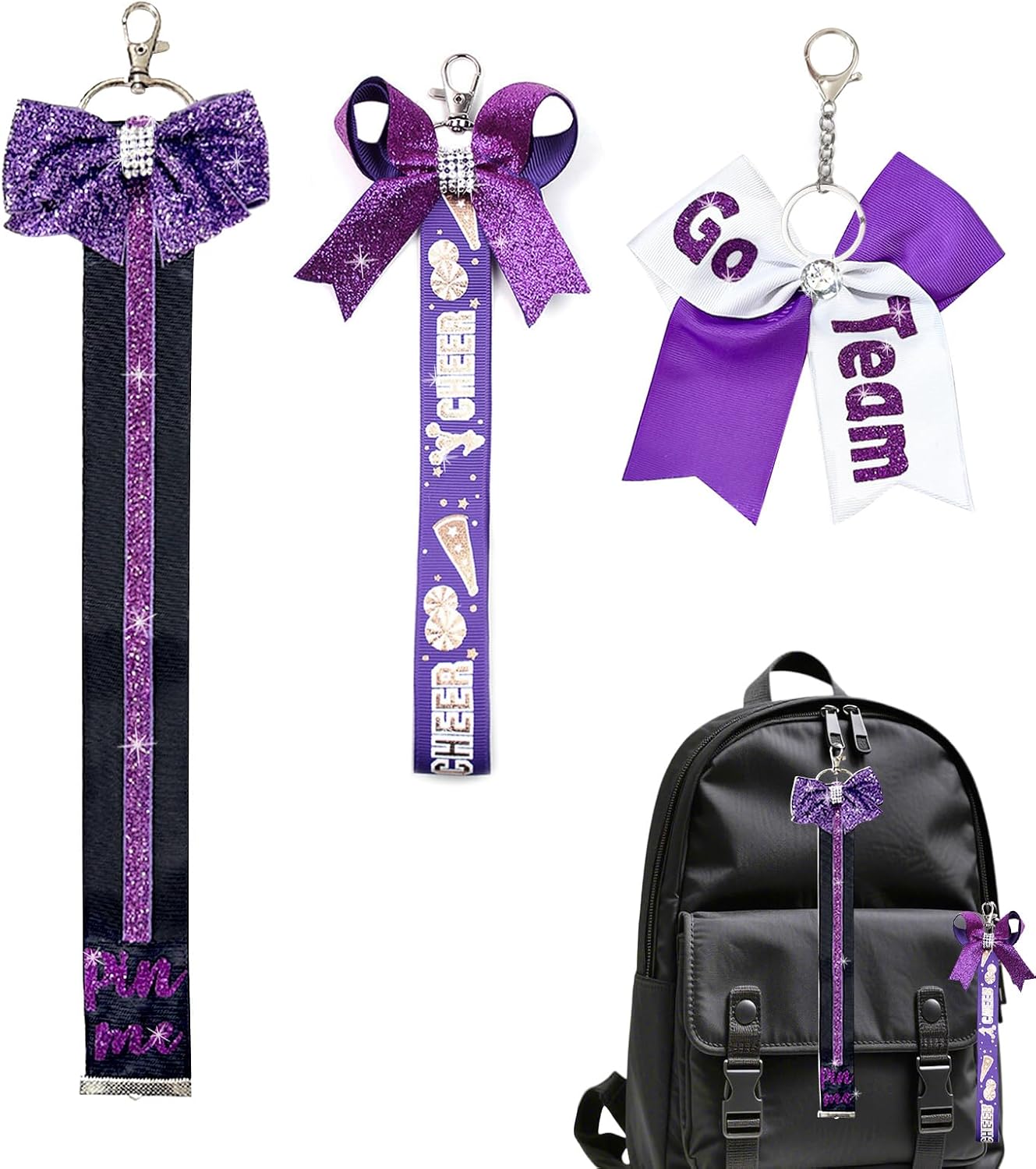 3-Piece Cheer Pin Me Ribbon Set - 13in+8in+6in for Backpack, Keychain & Team | Glitter Cheerleader Accessories Gift for Squad, Coach