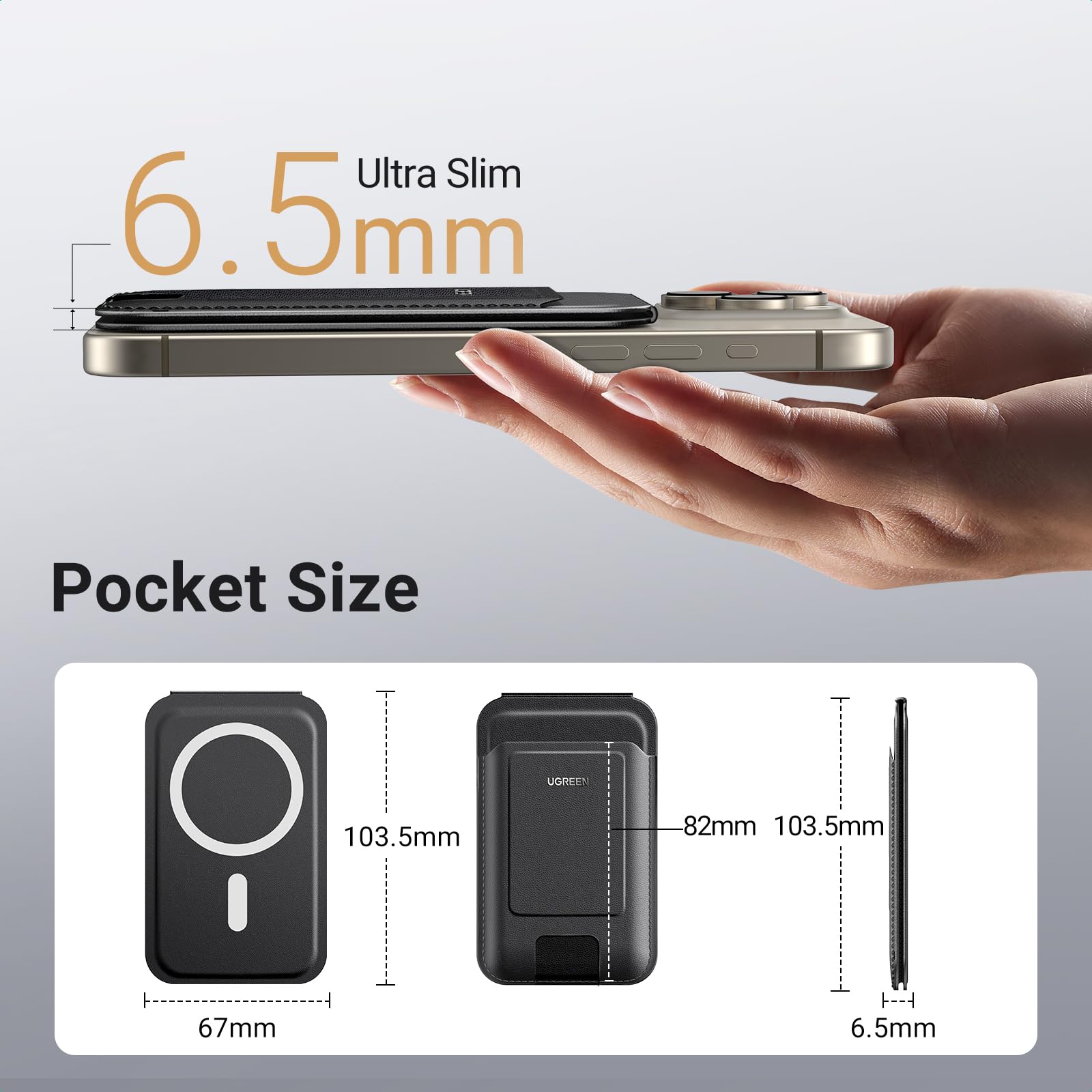 UGREEN Magnetyczny uchwyt na kartę telefonu komórkowego Skórzany stojak na portfel kompatybilny z iPhone'ami serii 15/14/13/12, nie dla 13/12 Mini, czarny