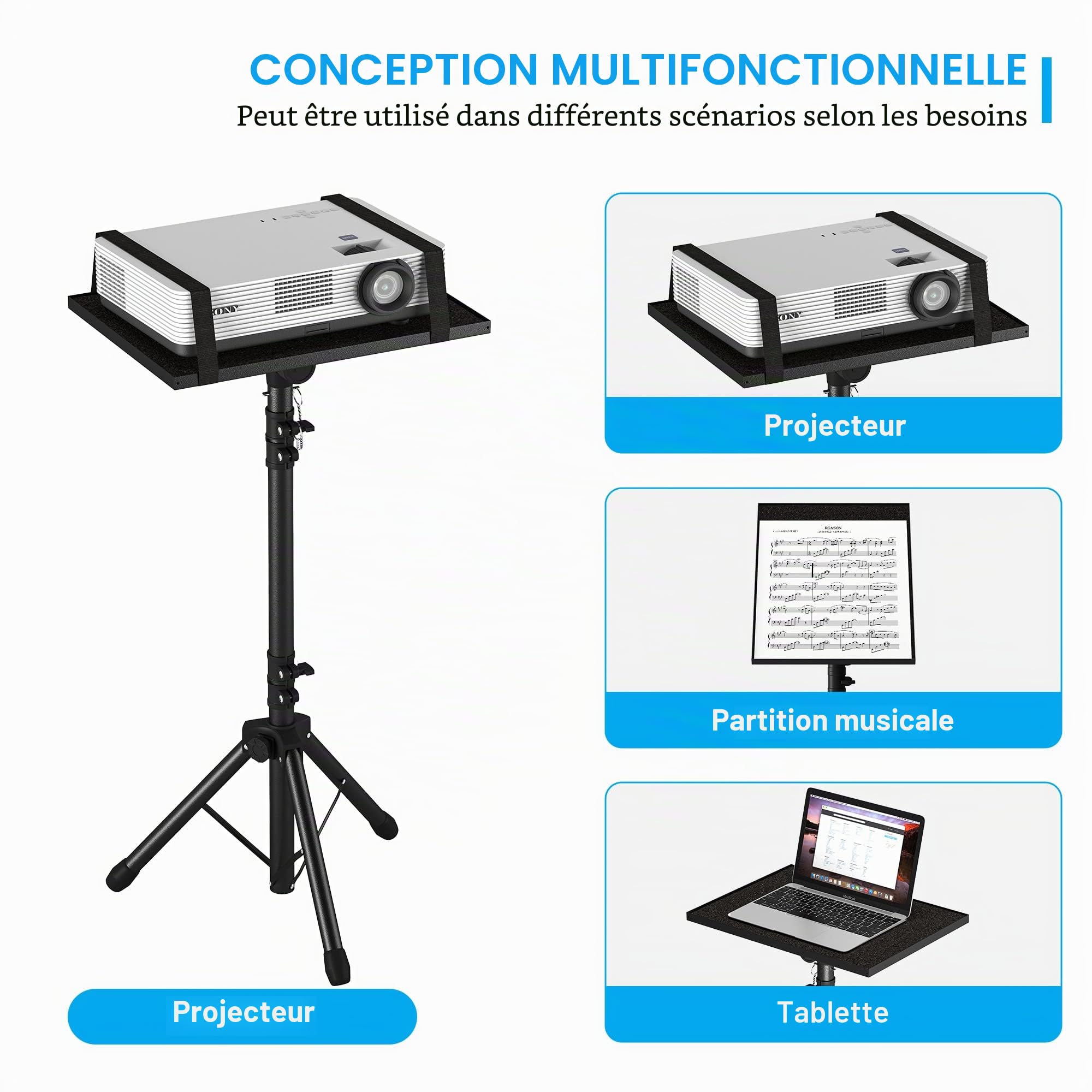 Trépied pour projecteur de 59,7 cm à 118,1 cm, trépied pour ordinateur portable réglable en hauteur avec support de téléphone en col de cygne, support de sol pour ordinateur portable pour