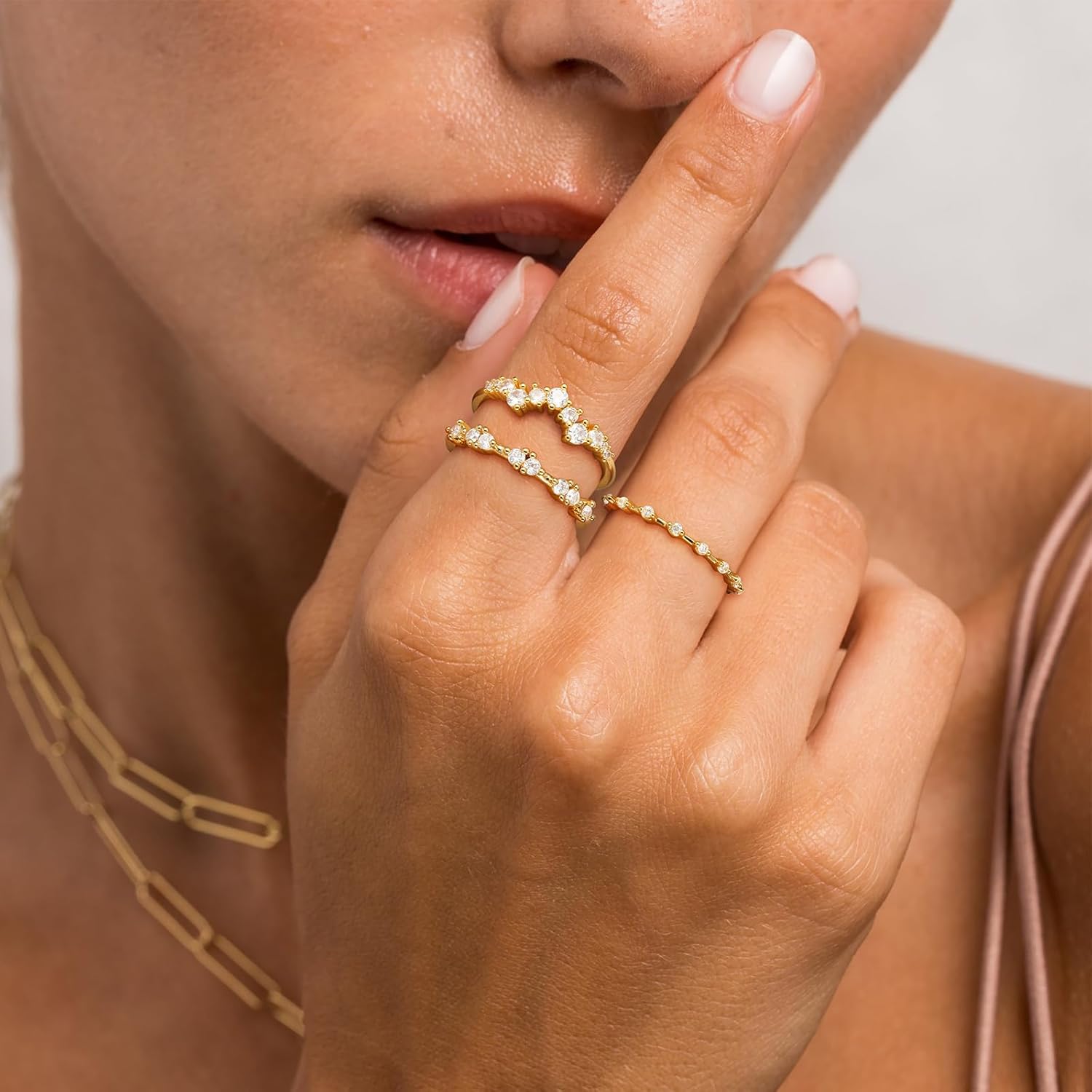 KAERUN Stackable Gold Rings for Women Non Tarnish Dainty 14K Gold Plated Thin Cubic Zirconia Thumb Ring Set Stack Trendy Statement Promise Wedding Bands Engagement Rings for Women Size 6 7 8 9 10 - Image 6