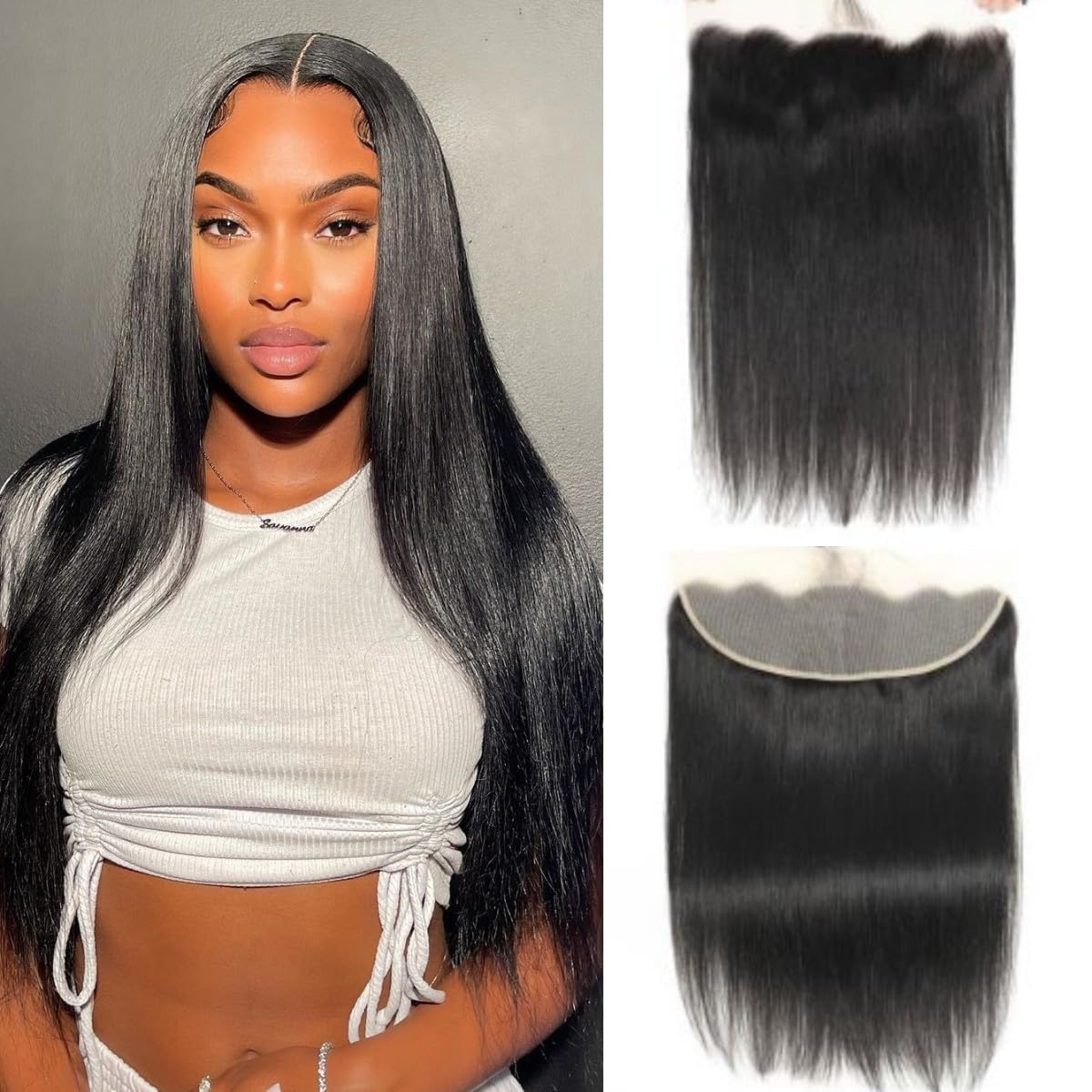 13x4 Lace Frontal Brazilian Straight Human Hair Extensions 150% Density Lace Frontal Human Hair Pre Plucked with Baby-Hair 16 Inch