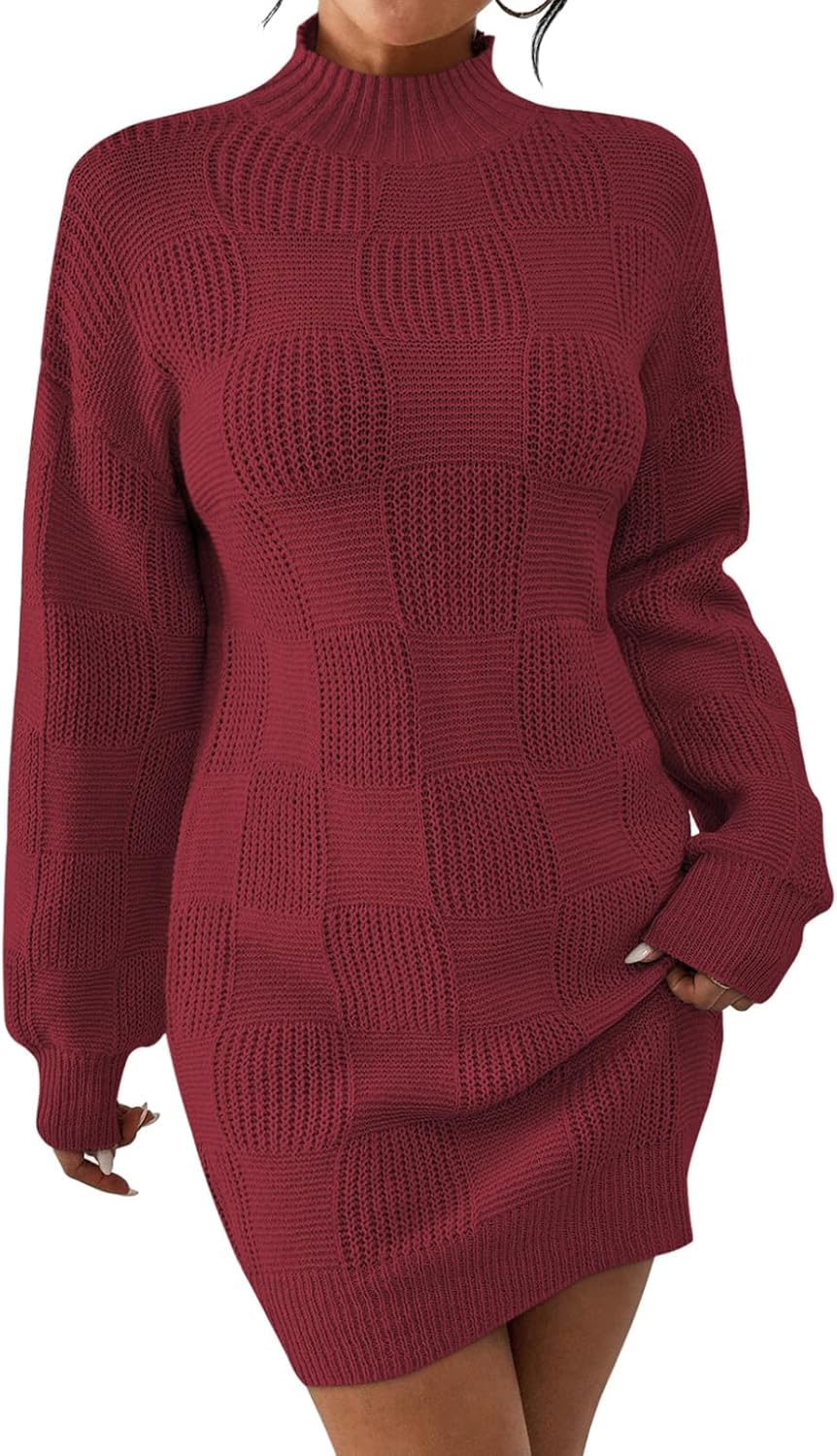 Pink Queen Women's Mock Neck Sweater Dress 2025 Lantern Long Sleeve Loose Plaid Cocktail Party Knit Mini Dress Outfits