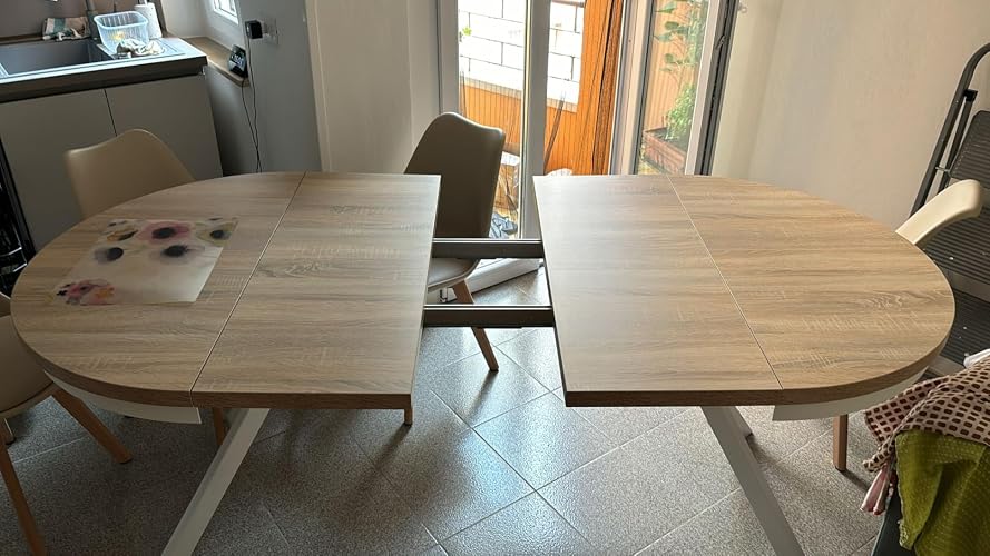 Table à manger extensible ronde - table style loft avec pieds en métal - 120 à 200 cm - table ronde style industriel pour le salon - compacte - blanc - 120 cm Ross