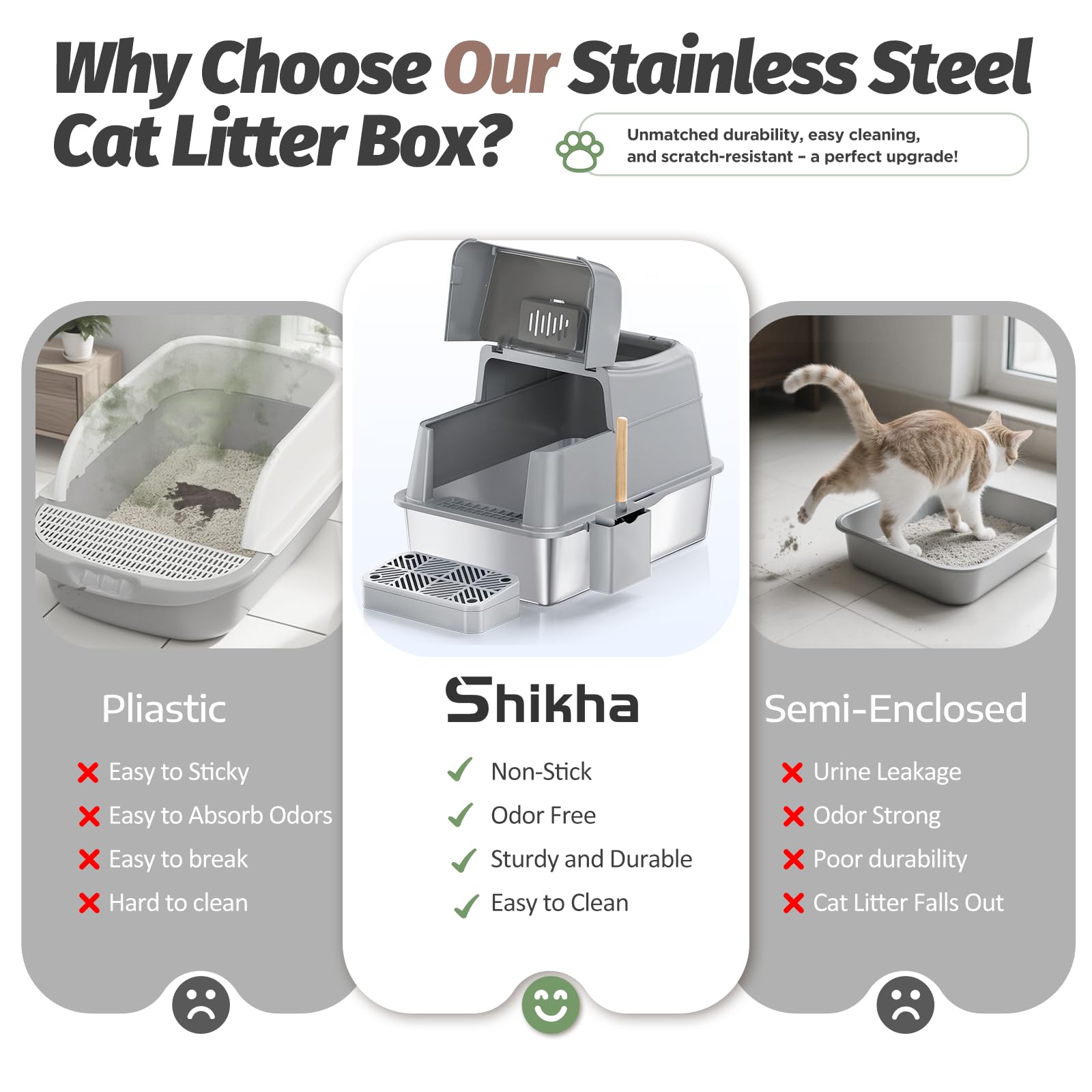 Edelstahl Katzenklo mit Deckel, 40L Große Kapazität 110° Flip-Cover Design | XXL Metall Geschlossen Katzentoilette aus Edelstahl mit Schaufel und Fußpedal, Hoher Rand, Auslaufsicher und Leicht Reinigen