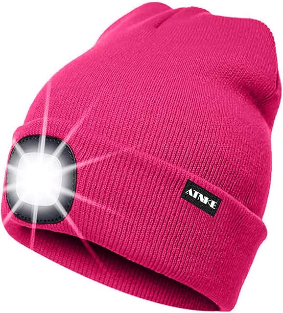 ATNKE LED Lighted Beanie Cap,USB Rechargeable Running Hat Ultra Bright 4 LED Waterproof Light Winter Warm Headlamp Gifts for Men and Women