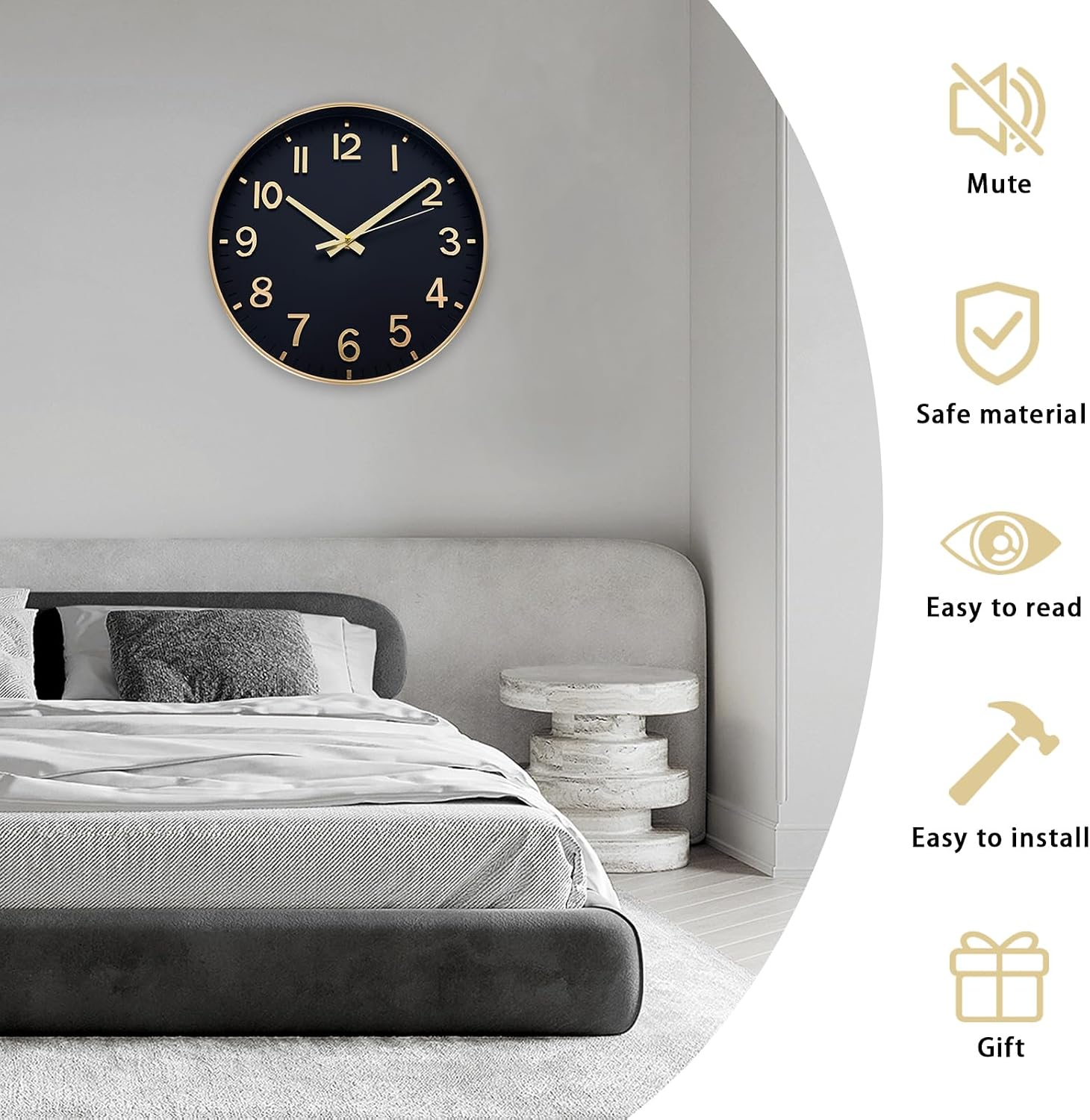 HZDHCLH Wall Clocks Battery Operated,Wall Clock Black Gold,14 inch Wall Clock Silent Non Ticking Modern 3D Numbers for Kitchen Bedroom Living Room Office Classroom Decor