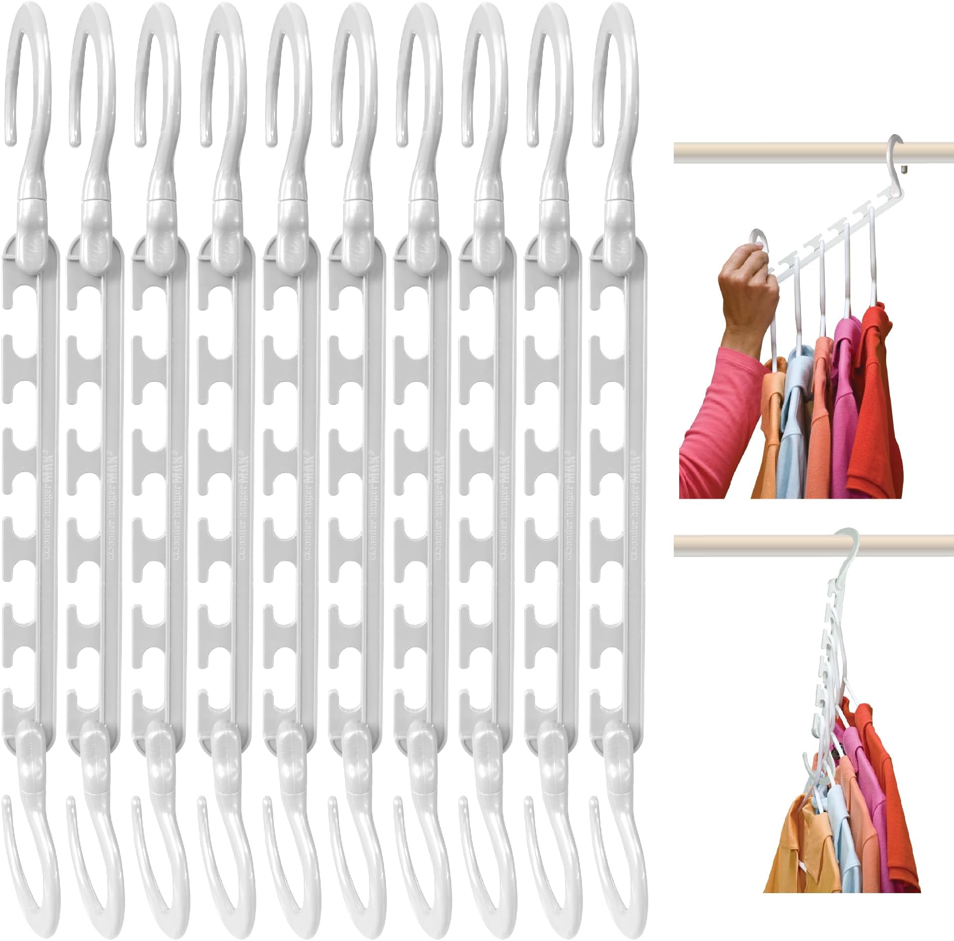 Max 10-Pack Space Saving Hangers, Reinforced Hooks Swivels 360°, Cascading Hanger, College Dorms & Storage Closet Organizer, Fully Assembled – White