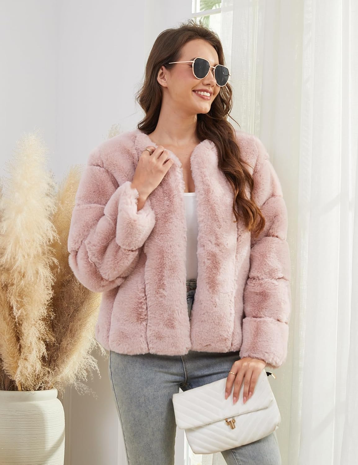 Womens Faux Fur Coat Long Sleeve Open Front 2025 Warm Winter Cropped Jacket - Image 2