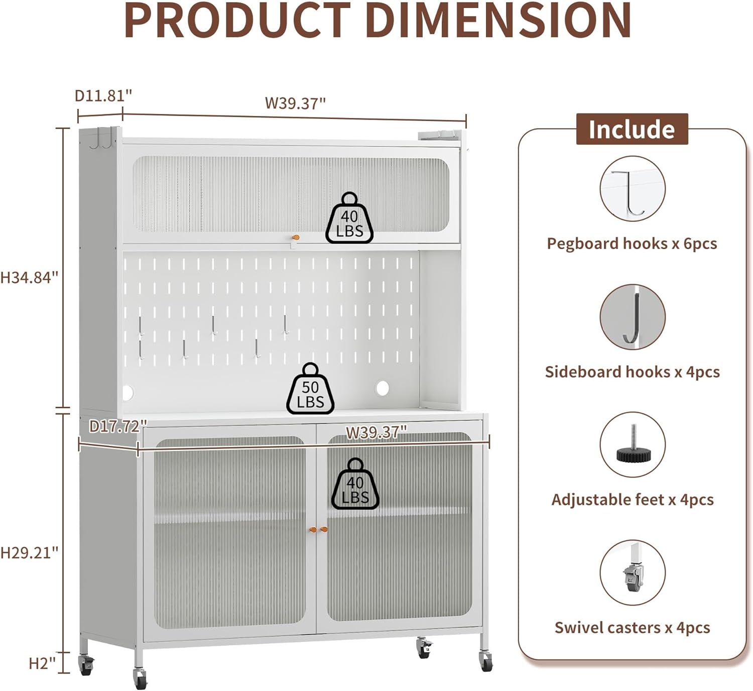 66" Pantry Cabinet with Adjustable Shelf on Wheels, Tall Kitchen Pantry Storage Cabinet with Microwave Stand, Metal Hutch Cabinet with Pegboard for Dining Room, Living Room, White