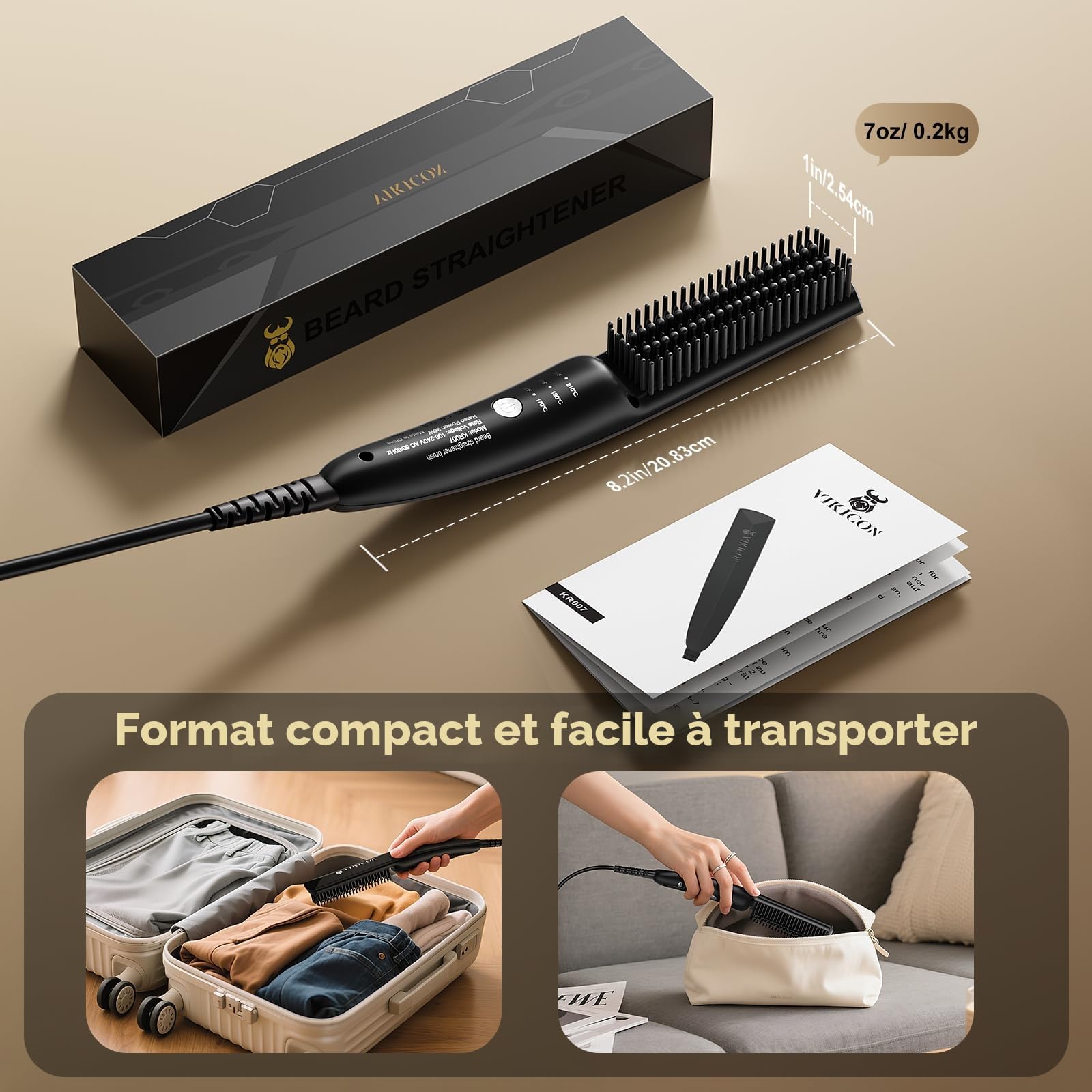 Lisseur Barbe Hommes VIKICON, Mini Lisseur Cheveux Brosse Rapide Des Années 30, Lisseur Chauffant Peigne À Cheveux Ionique Pour Coiffer Une Barbe Longue Et Courts