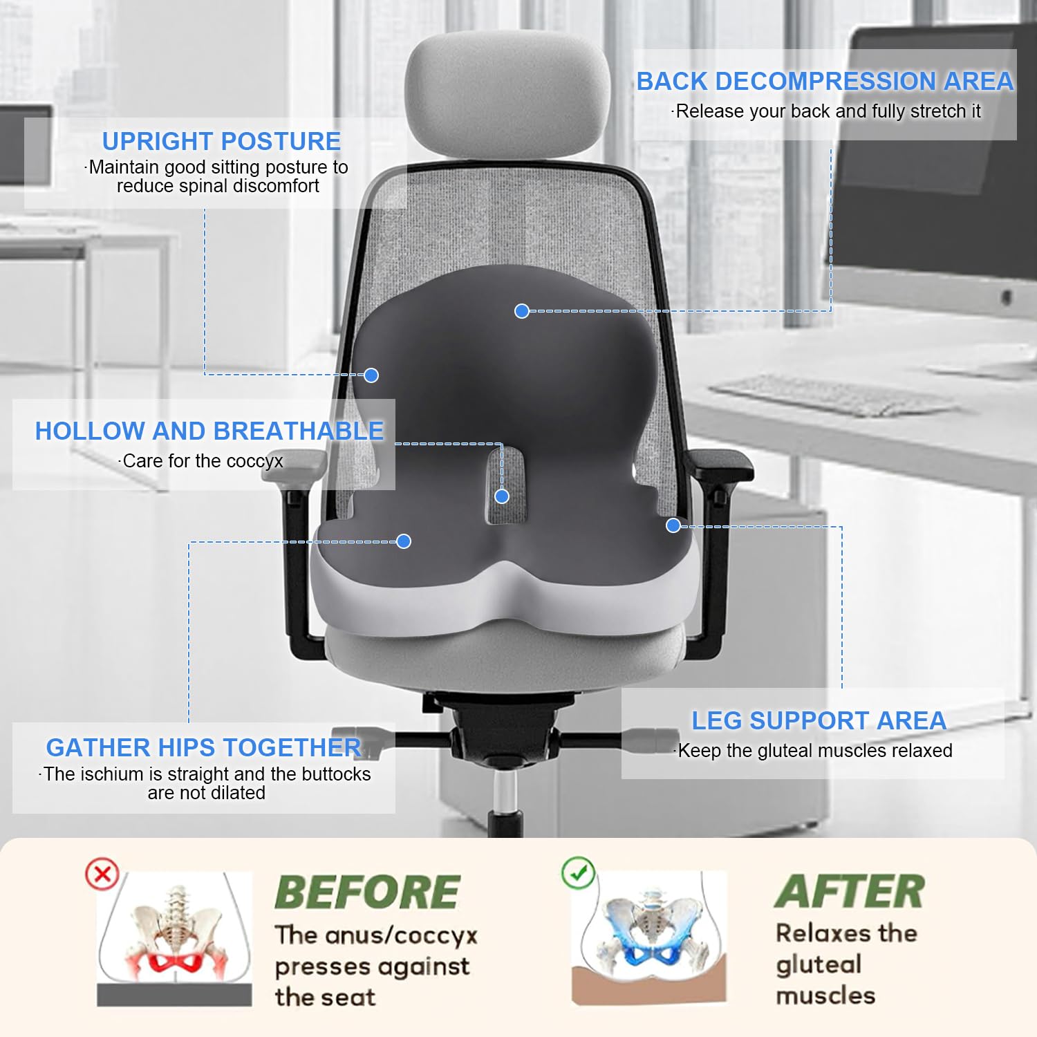 Gresonic Cojín ergonómico de espuma viscoelástica, para oficina, coche, sillas de juegos y comedor, ciática, coxis y coxis, soporte lumbar y lumbar (A, talla única)
