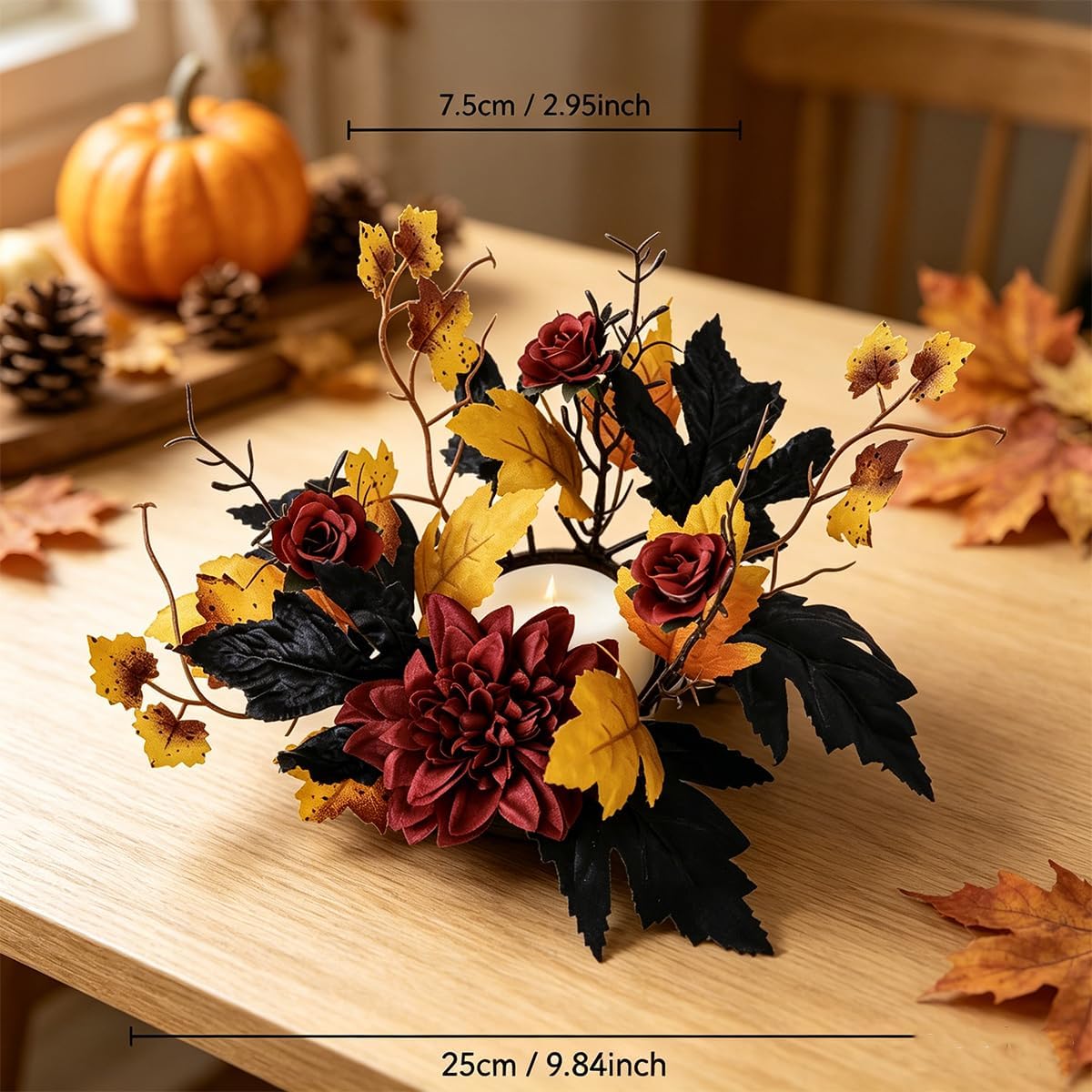 Autumn Floral Candle Ring Wreath Burgundy Rose Black Gold Maple Leaf