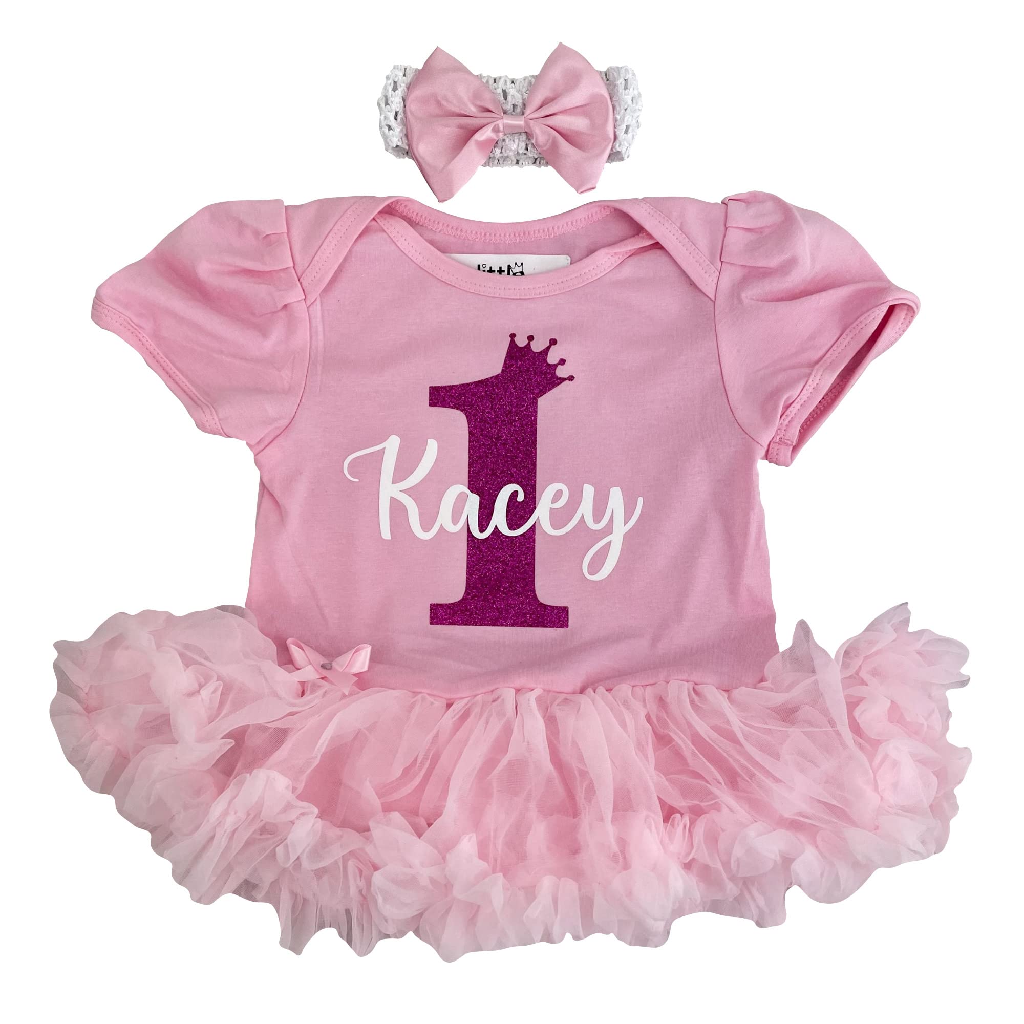 Baby Girls 1st Birthday Personalised Pink Dress, 1 Year Old Princess Outfit Birthday Party Pink Tutu Romper with Bow Headband, Cake Smash (6-12 Months)