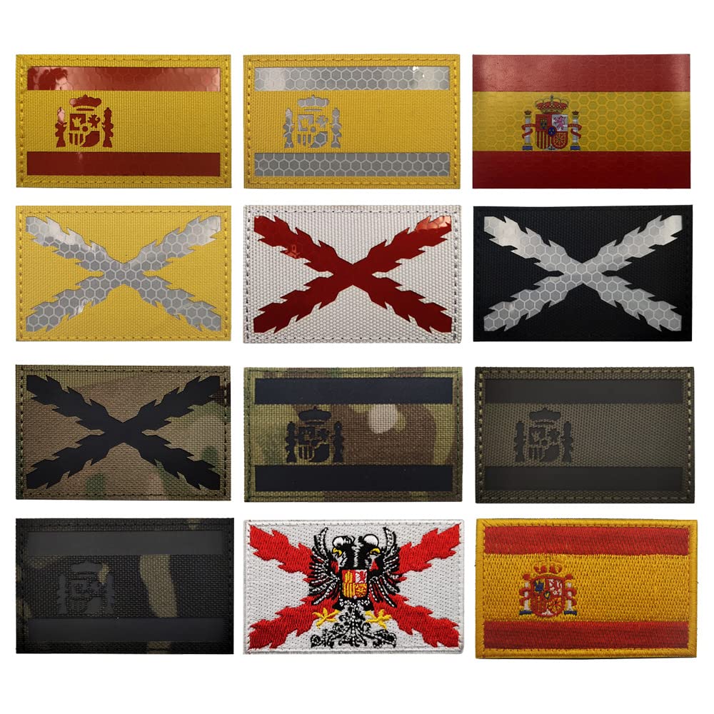 Patch Tattica Spagna Riflettente IR - 2 Pezzi, 8x5 Cm, Ricamata, Con Velcro, Per Zaino, Giacca, Uniforme, Nero