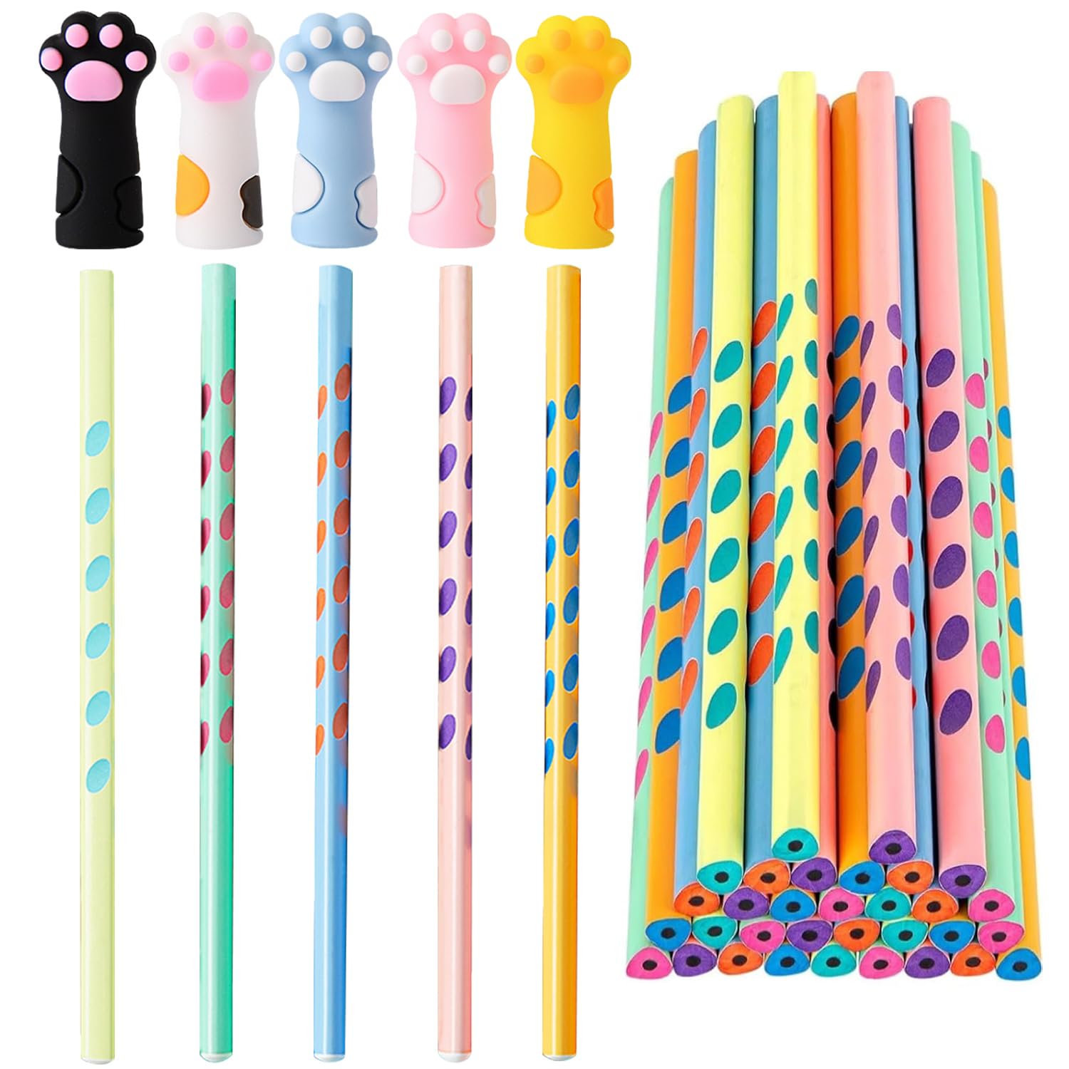LKNBIF Cat Pen Set, Stationery Set with Cute Cat Paws, 30 Cat Silicone Pencil Caps, 30 Cat Pencils, For Birthdays, Christmas Parties, Reward Gifts