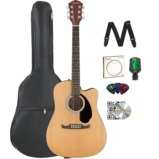 Fender FA-125CE Dreadnought Cutaway Acoustic-Electric Guitar - Natural Bundle with Gig Bag, Tuner, Strap, Strings, Picks, and Austin Bazaar Instructional DVD