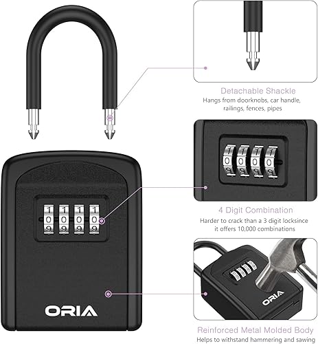 Miniatura 5 de ORIA Caja de bloqueo de llaves, caja de seguridad para llaves para interiores y exteriores, caja de almacenamiento de llaves portátil con grillete