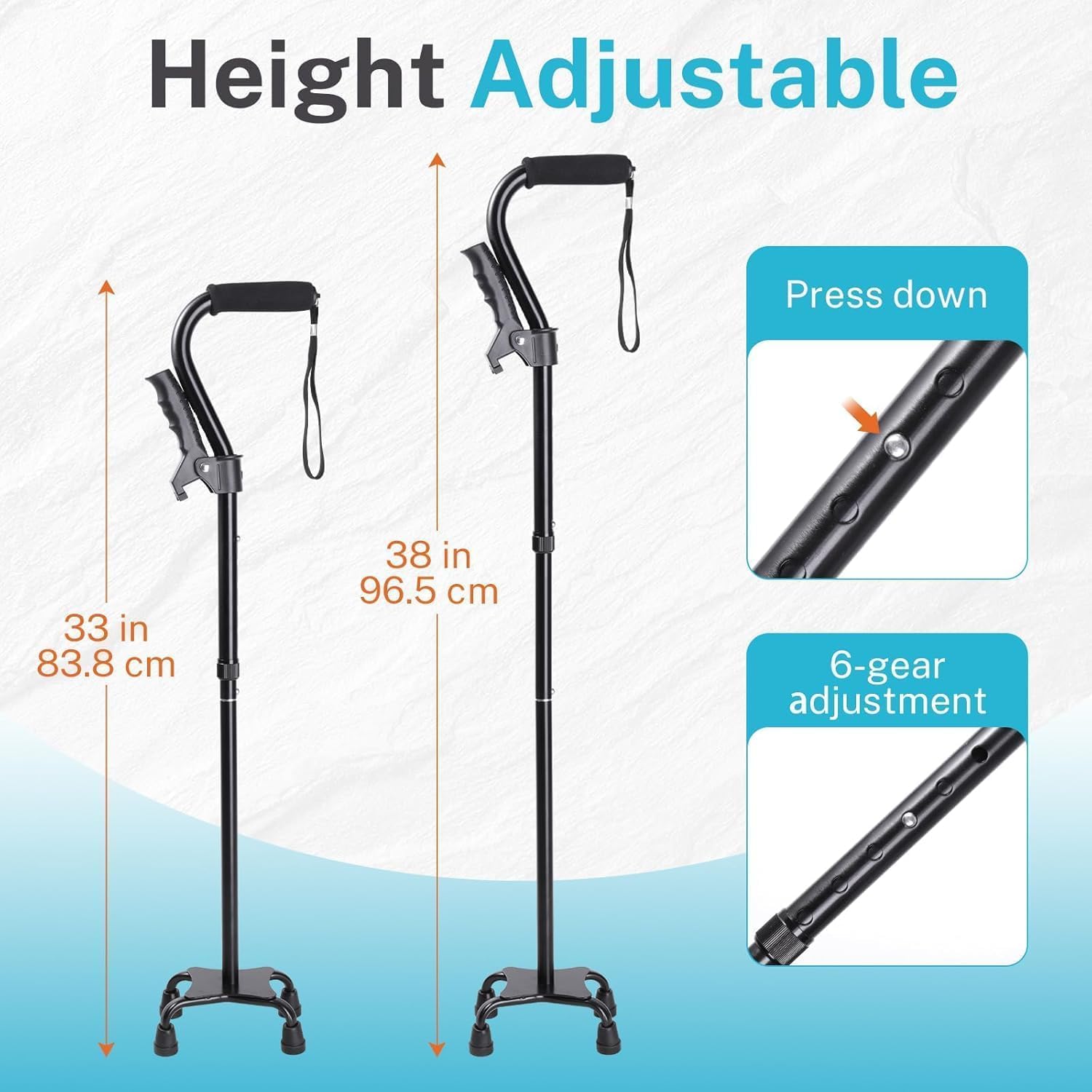 Bastone regolabile con manico ergonomico e base a 4 rebbi per stabilità, bastone da passeggio per anziani, uomini e donne, aiuta a stare in piedi e camminare (nero)