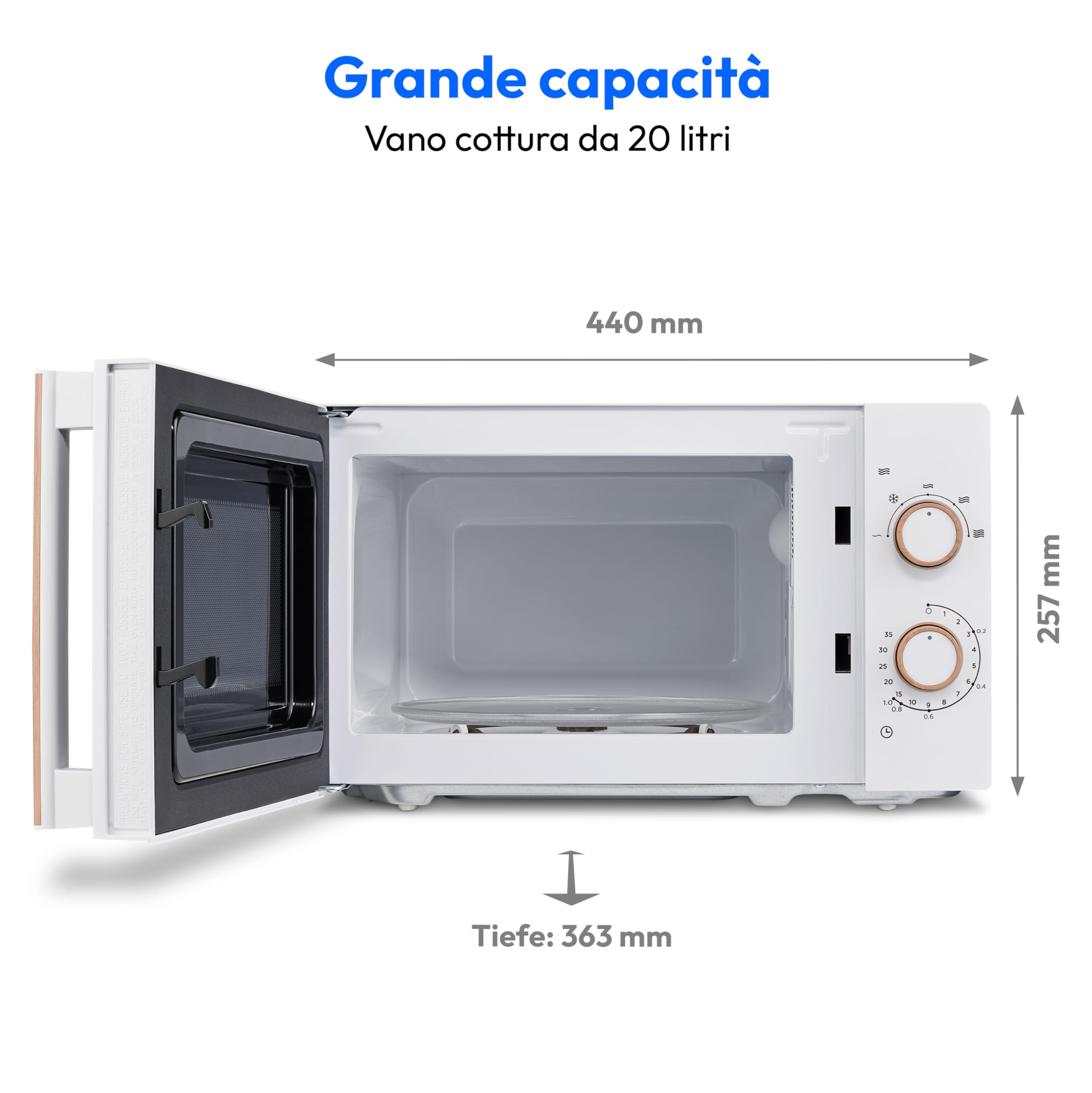 MEDION Microonde (effetto legno, 20 litri, 700 watt, porta a specchio, 5 livelli di potenza, funzione scongelamento, timer, MD10596) bianco