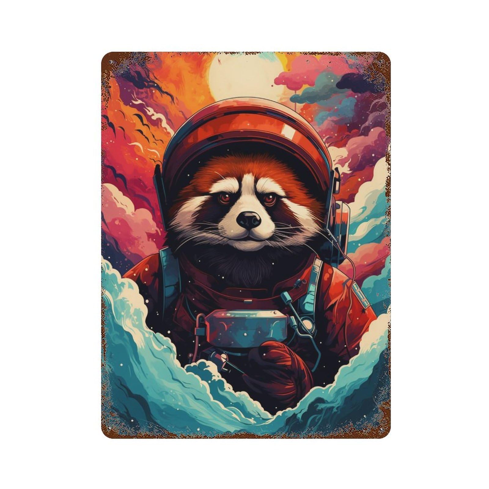 Red Panda Astronaut in Space 15.7"x11.8" Rustic Tin Plaque, Novelty Wall Decor for Bistro, Counter And Cafe Decor