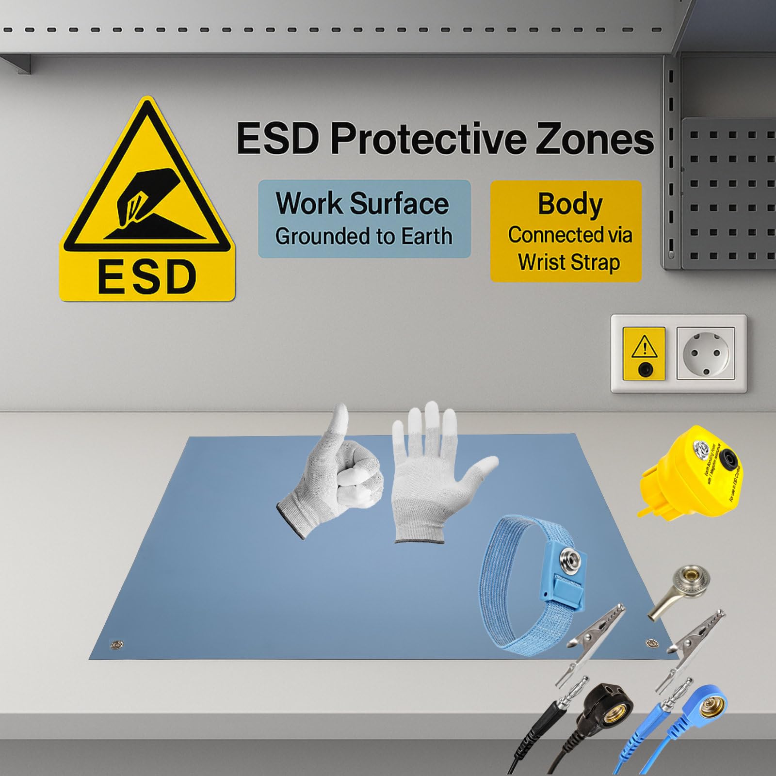 Tapis de table ESD antistatique de qualité supérieure - 40 x 30 cm - Bleu - Avec brassard + rallonge de 2,4 m + prise de terre ESD + gant