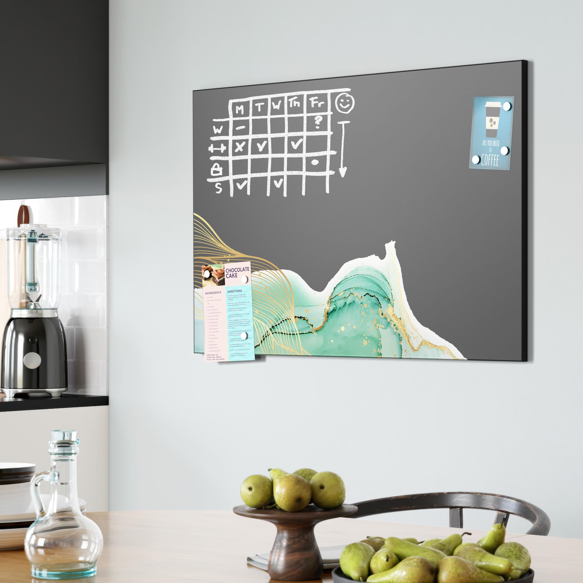 DEQORI Magnetyczna tablica do pisania kredą z nadrukiem UV | motyw "kolorowy połysk i złoto" | prostokątna tablica o wymiarach 90 x 60 cm | metalowa tablica kredowa do pisania – dekoracja ścienna do
