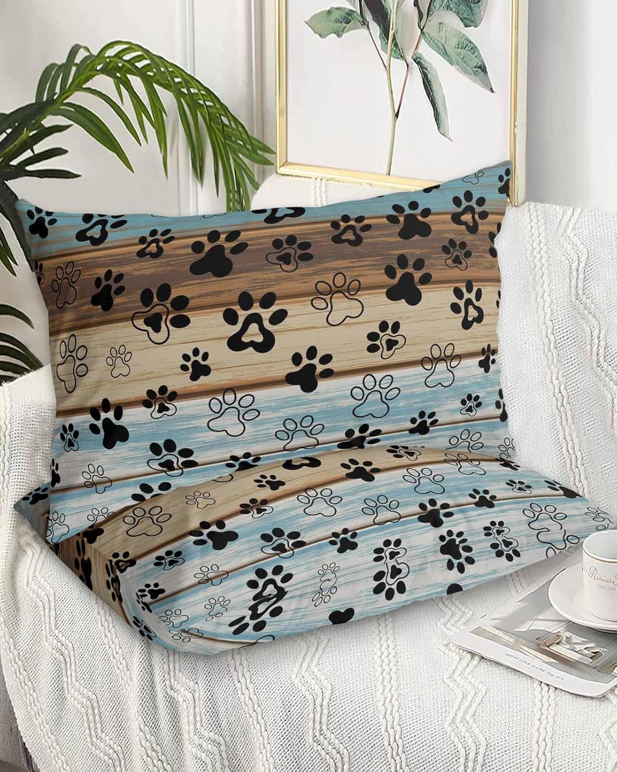 DecorLovee Teal Brown Dog Paw Prints Pillow Cases Standard Size Set of 2 - Microfiber Bed Throw Pillow Covers, Country Farmhouse Wooden Lumbar Pillow Cover with Envelope Closure for Sofa 20"x26"