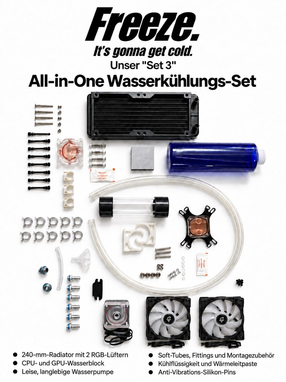 Freeze. DIY Custom Wasserkühlungs-Set 3 für PC, 240 mm Radiator, CPU- und GPU-Wasserblock, 2 Lüfter, Premium-Pumpe, Ausgleichsbehälter und Soft-Tubes