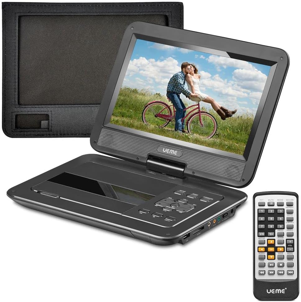UEME Portable DVD Player with 10.1 Inches Screen, Car Headrest Mount Holder, Remote Control, Wall Charger Car Charger, Personal DVD Player (Black)