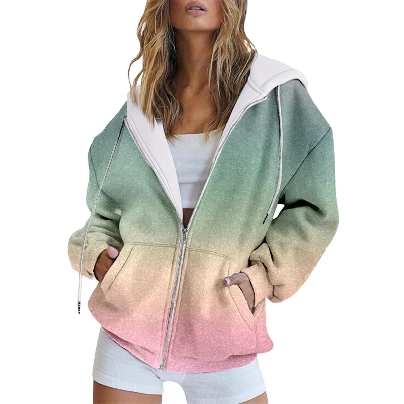 Comfy Oversized Sweatshirt Fashion Autumn And Winter Color Gradient Printing Casual Pockets Long Sleeve Drawstring Hooded Jacket Zipper Women's Hooded Sweatshirt Womens Plus Size Sweatshirt