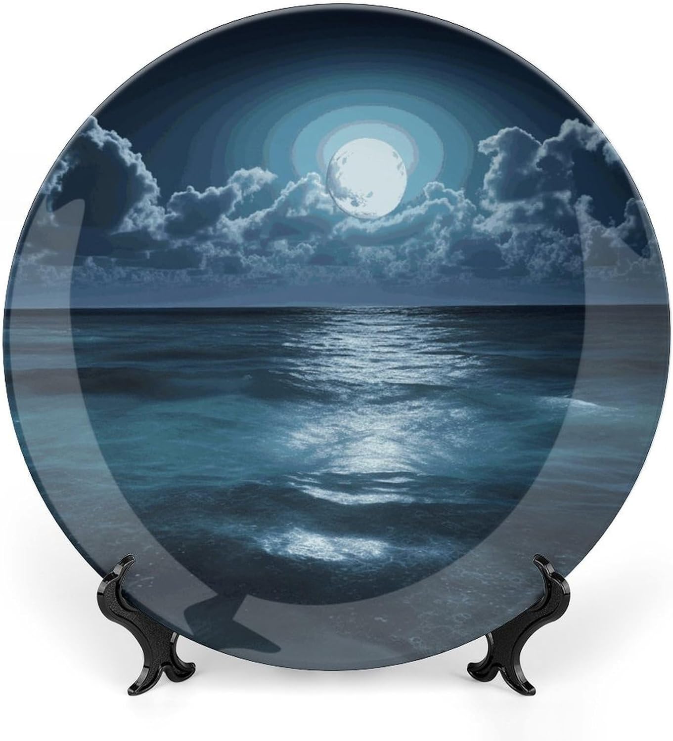 Sea And Moon Decorative Plates for Display Round Porcelain Plate Living Room Table Ceramic Hanging Decorative Plate Art Decor for Living Room Table with 1 Display Stand 8inch