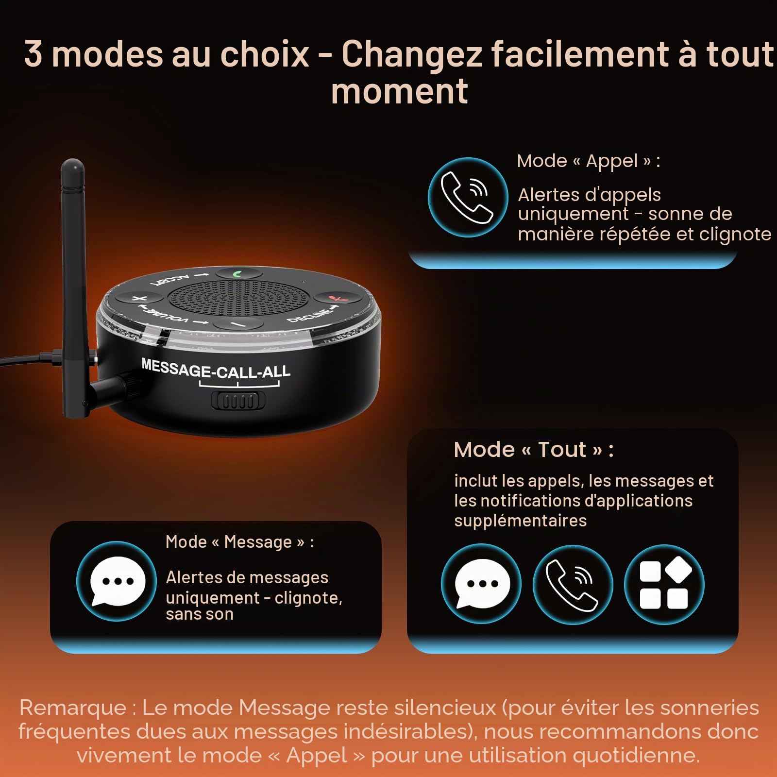 Amplificateur de sonnerie et clignotant pour téléphone portable – Flash rouge-bleu ultra fort et lumineux de 116 dB – Réponse/déclin en une touche, appariement sans fil pour malentendants/personnes