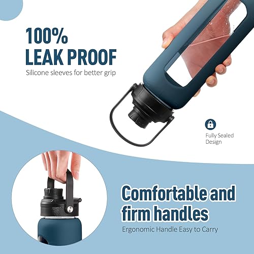 Miniatura 3 de Kodrine Botella de agua con popote, botella de agua de vidrio de 24 onzas con 2 tapas, tapa de popote de bambú y tapa de boquilla con asa, botella