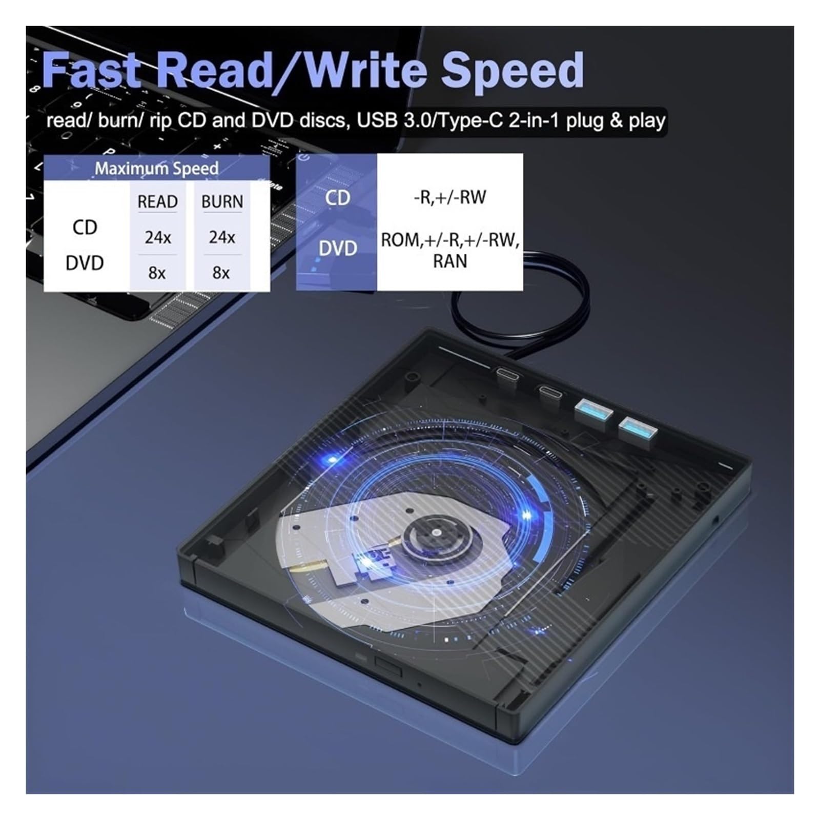 Zewnętrzny Napęd CD/DVD USB 3.0 Typu C Z 4 Portami I Gniazdem Na Karty TF/SD Nagrywarka Czytnik Odtwarzacz Kompaktowy MałY