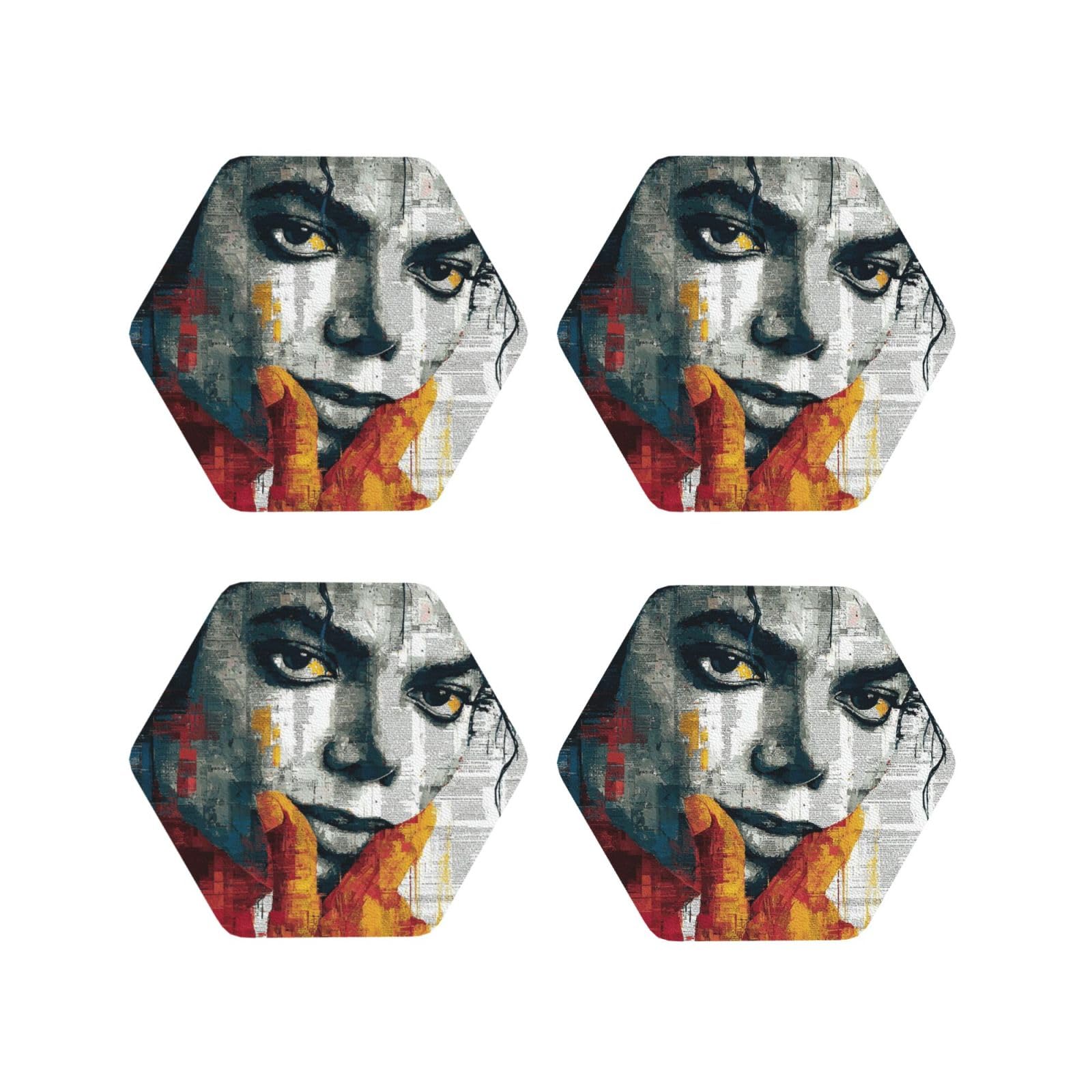 Coasters Set of 4 Round Leather Coaster Quick-Dry Drink Michael Jackson Coasters for Desk Absorbent Mugs Pads Tabletop Protection Pad Heat Resistant Coffee Cup Mat for Kitchen Bar