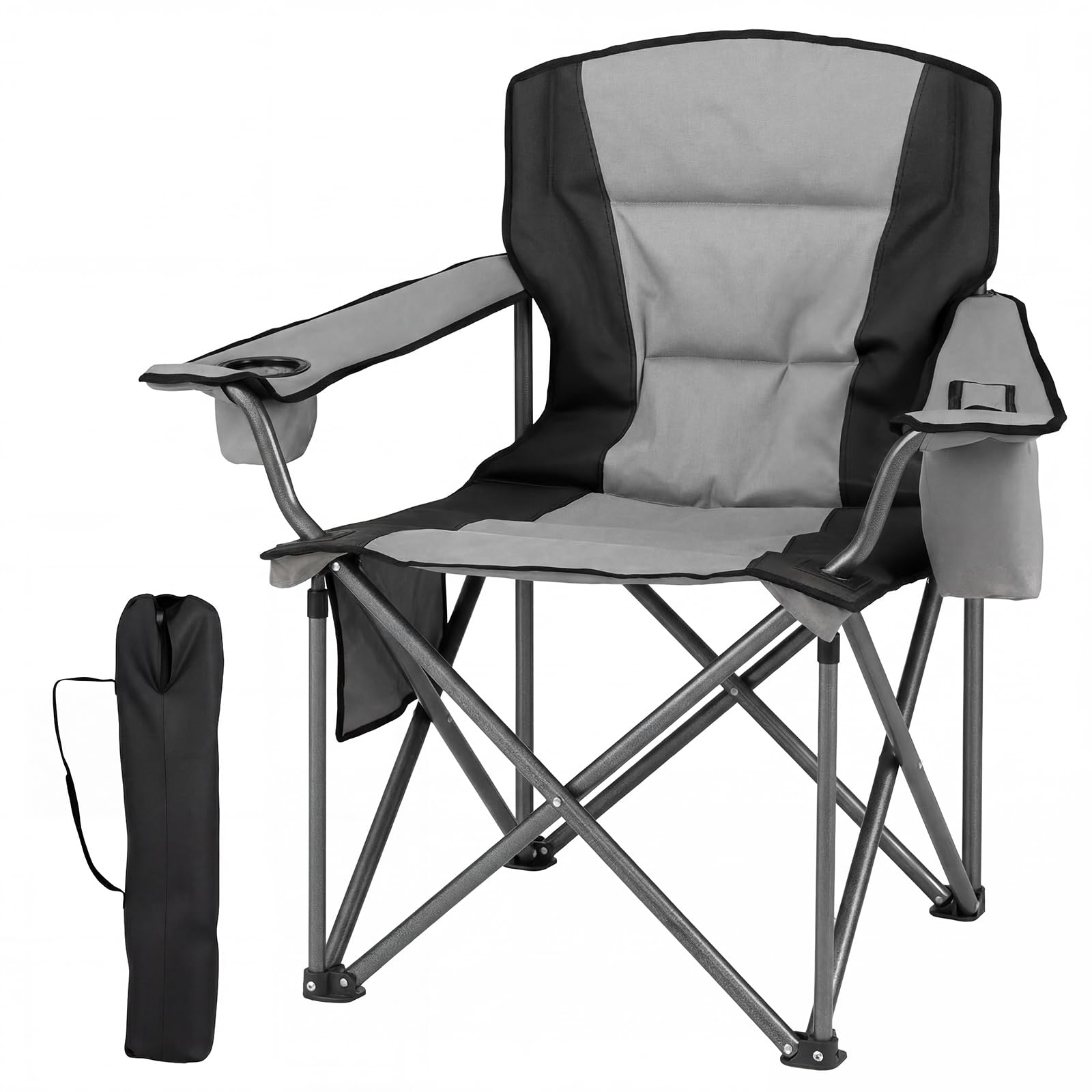 COSTWAY 180kg Oversized Camping Chair, Portable Folding Chair with Carrying Bag, Zippered Cooler Pouch, Cup Holder and Side Storage Pocket, Outdoor Padded Lawn Chair for Fishing & Picnics (Grey+Black)