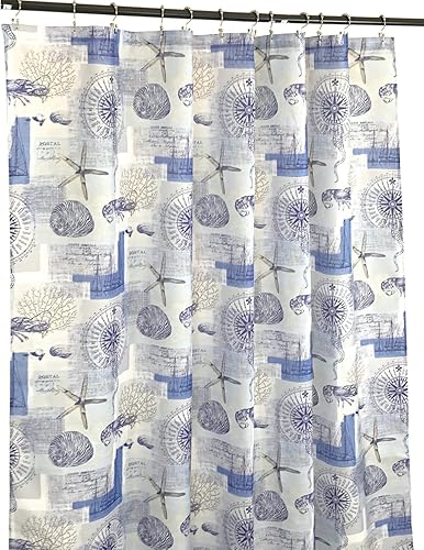 Miniatura 4 de Oceanside Cortina de ducha de tela costera de playa para baño verano náutico océano vida marina coral y estrellas de mar (azul, bronceado, blanco),
