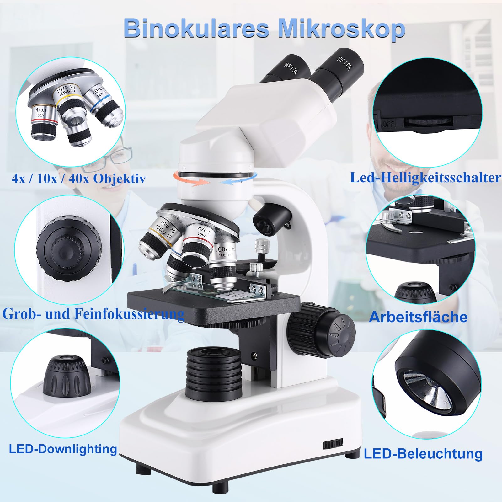 Erbundmikroskop 40X-2500X, WF10x WF25x Okulare, Dual-LED-Beleuchtung, zweilagige mechanische Bühne