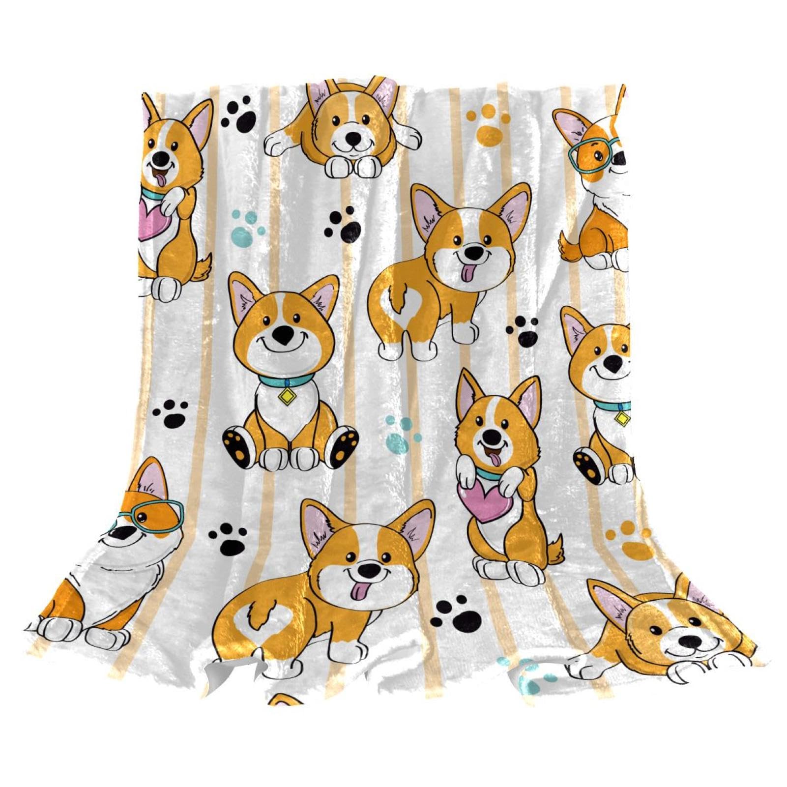 Couverture polaire Corgi rayée 150x100 cm douce pour lits et canapés