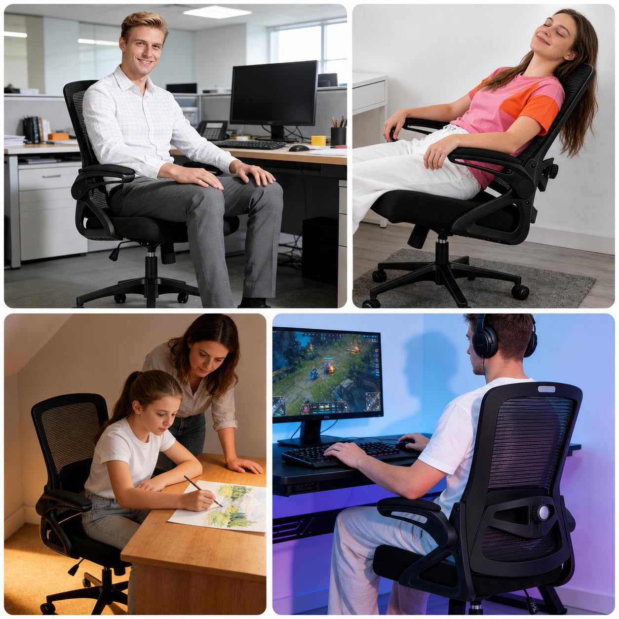 Milacyee Bürostuhl Ergonomisch, Schreibtischstuhl mit Verstellbarer 4D Lendenwirbelstütze, Drehstuhl mit klappbaren Armlehnen, Computerstuhl mit 90°-125° Wippfunktion, Netzstuhl bis 130 kg (Schwarz)