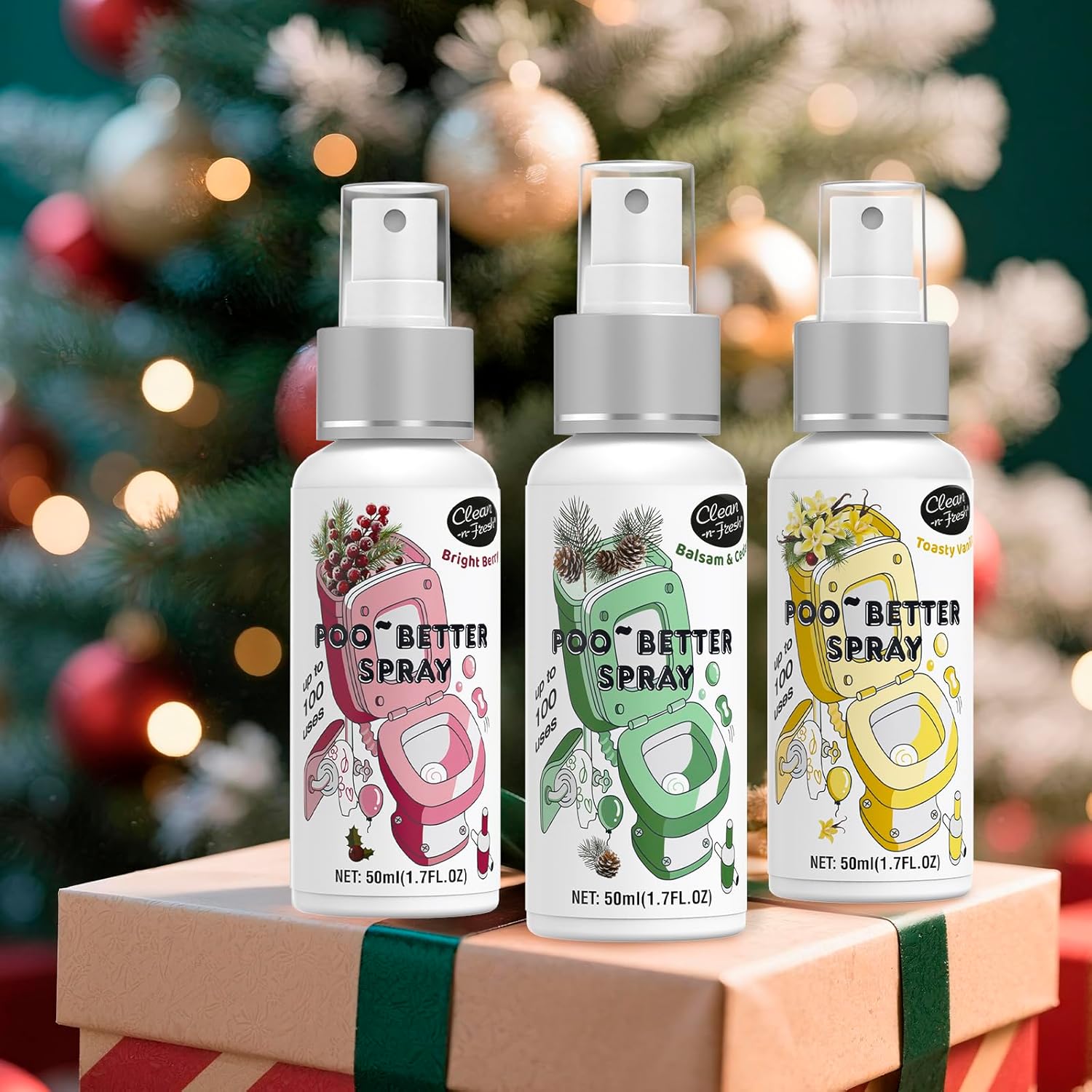 Clean-n-Fresh Holiday Toilet Spray, 3 Pack Gift Set- Balsam & Cedar/Toasty Vanilla/Bright Berry, Bathroom & Toilet Odor Deodorizer, Travel Size Toiletries, Total 5.1 Fl Oz - Image 5