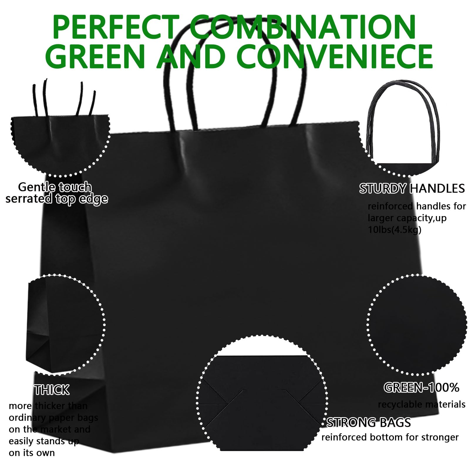 Sacchetti Di Carta Con Manico Corda, 6 Pezzi Grandi 31x42x13 Cm – Ecologici E Riutilizzabili, Per Regali, Shopping, Matrimoni E Natale (Nero)