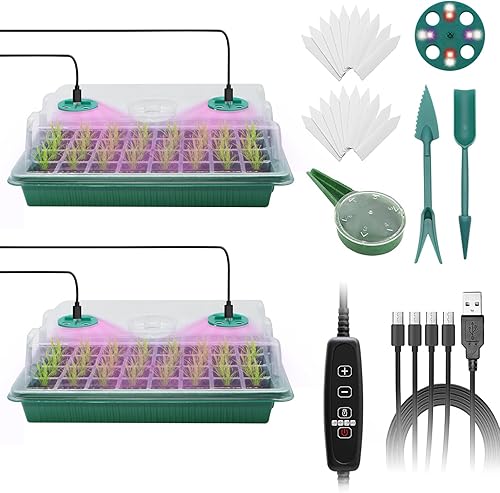 Bandeja de inicio de semillas, 2 paquetes de bandejas de inicio de plántulas con luz de crecimiento, 4 LED, temporizador, regulable, kit de bandejas
