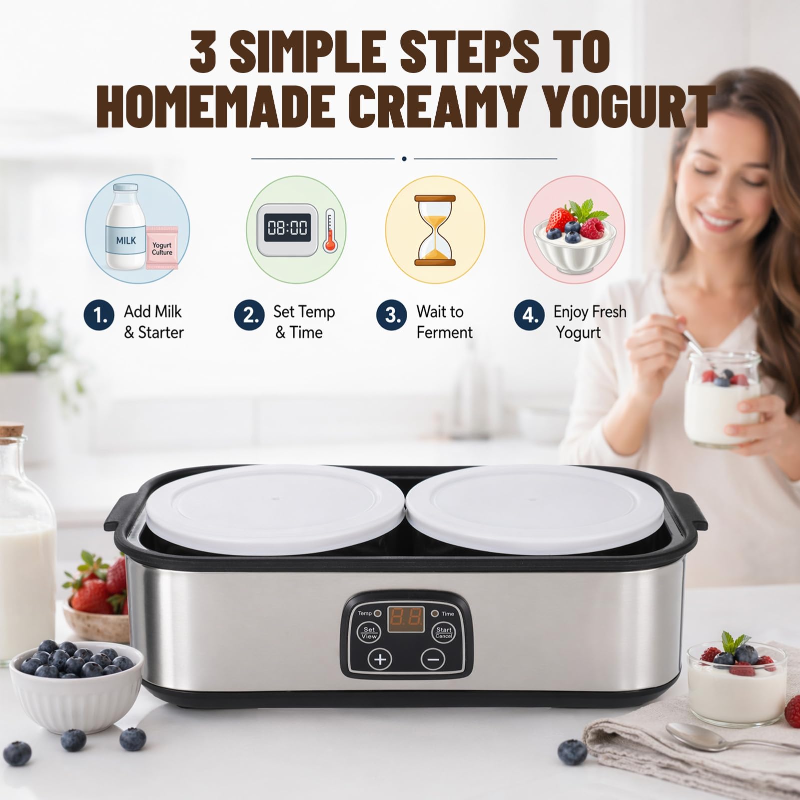 Elektrische Joghurtmaschine 2L, Automatischer Joghurtbereiter mit Einstellbarer Temperatur und Digitalem Timer, Yogurt Maker mit 2 Glasbehälter für DIY Selbstgemachten Joghurt, Käse, Reiswein, Natto