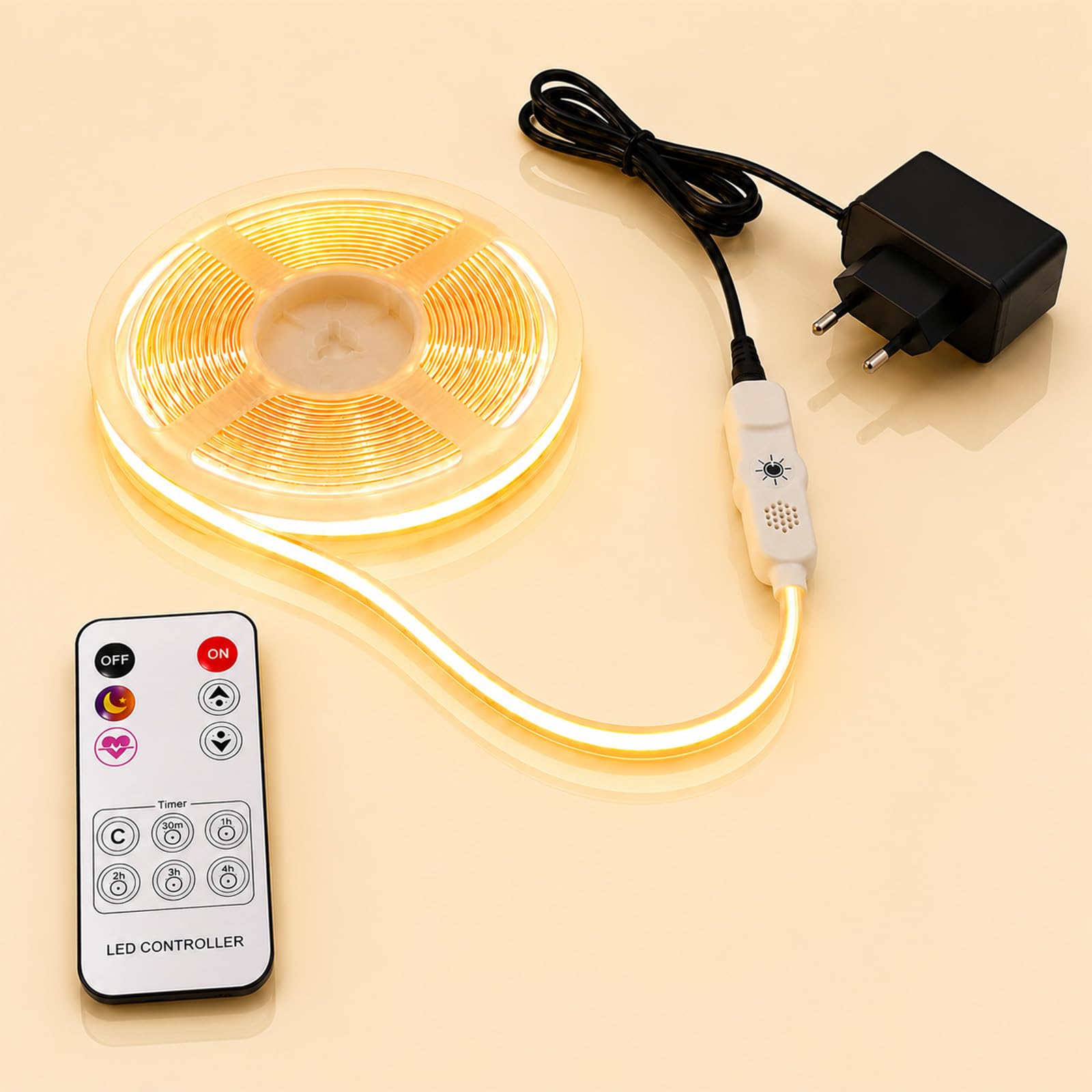 Ruban LED Interieur COB 10 m Blanc Chaud 2700 K,Télécommande et Boutons,24V